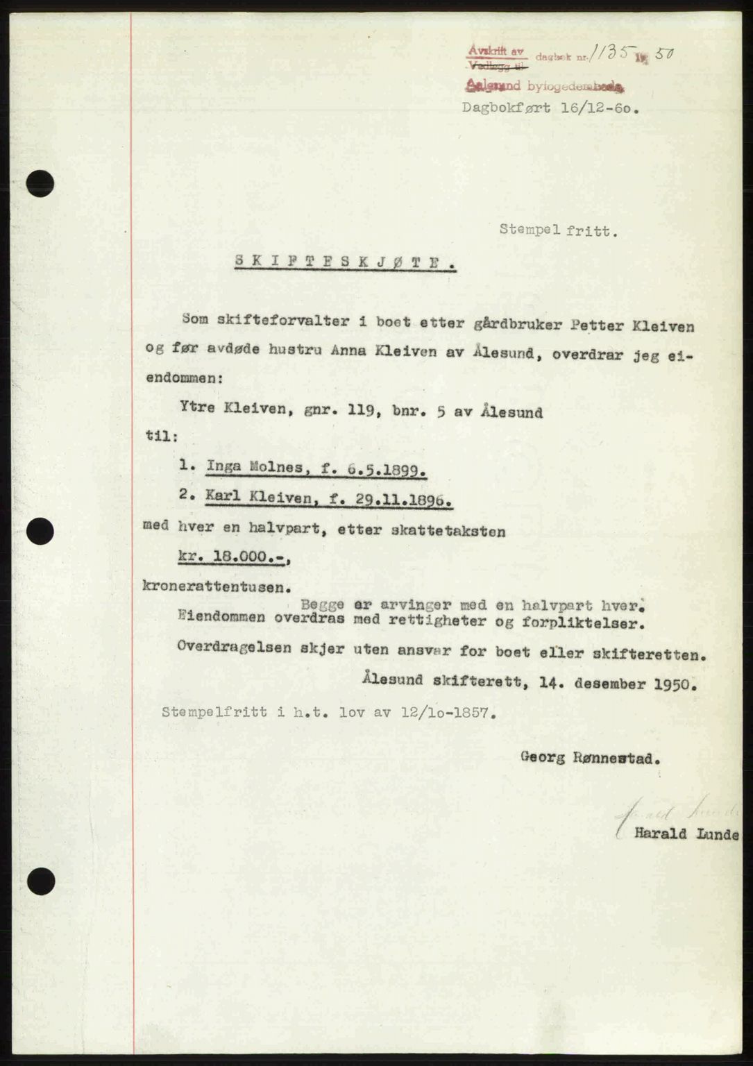 Ålesund byfogd, AV/SAT-A-4384: Pantebok nr. 37A (2), 1949-1950, Dagboknr: 1135/1950