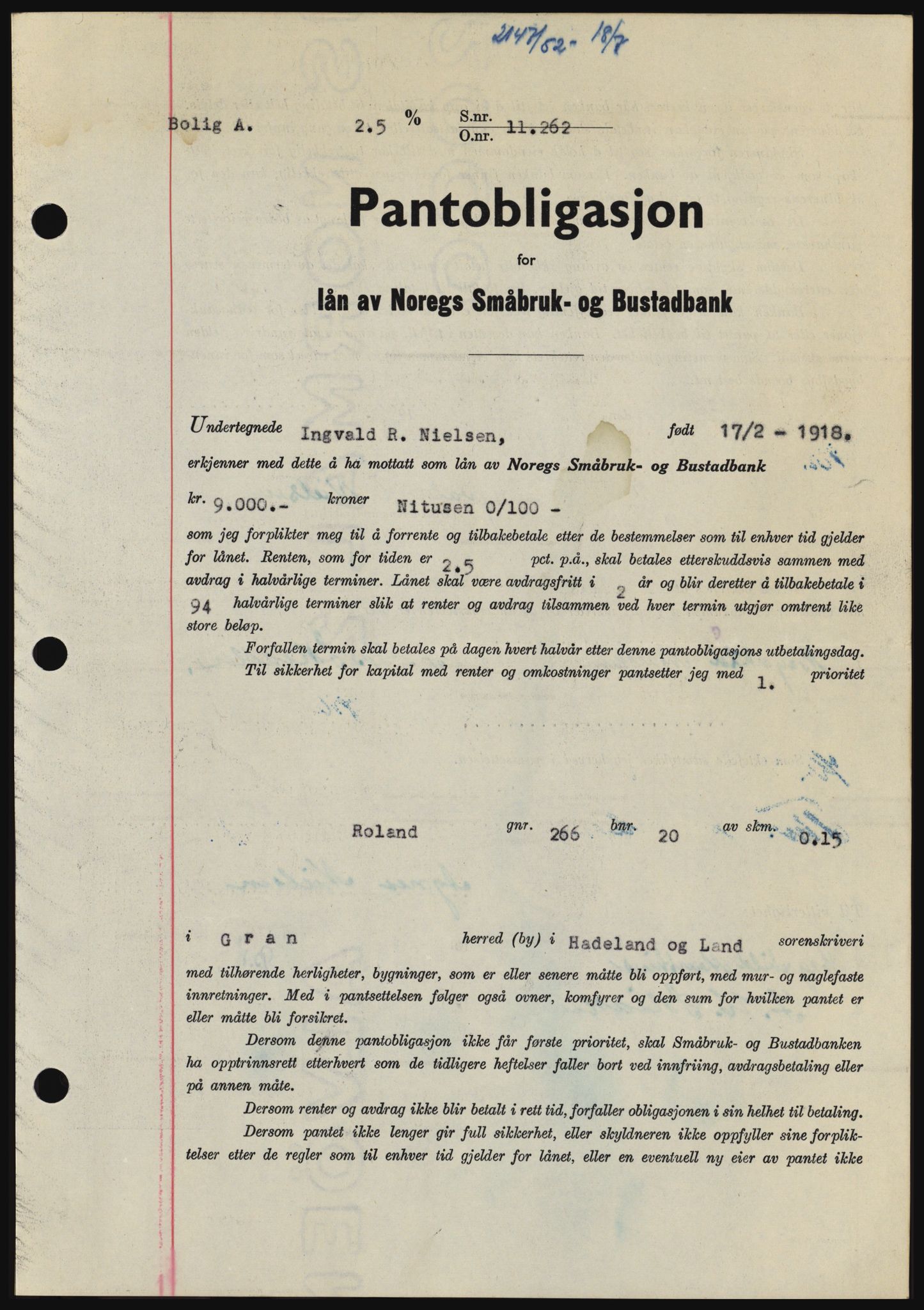 Hadeland og Land tingrett, SAH/TING-010/H/Hb/Hbc/L0024: Pantebok nr. B24, 1952-1952, Dagboknr: 2147/1952