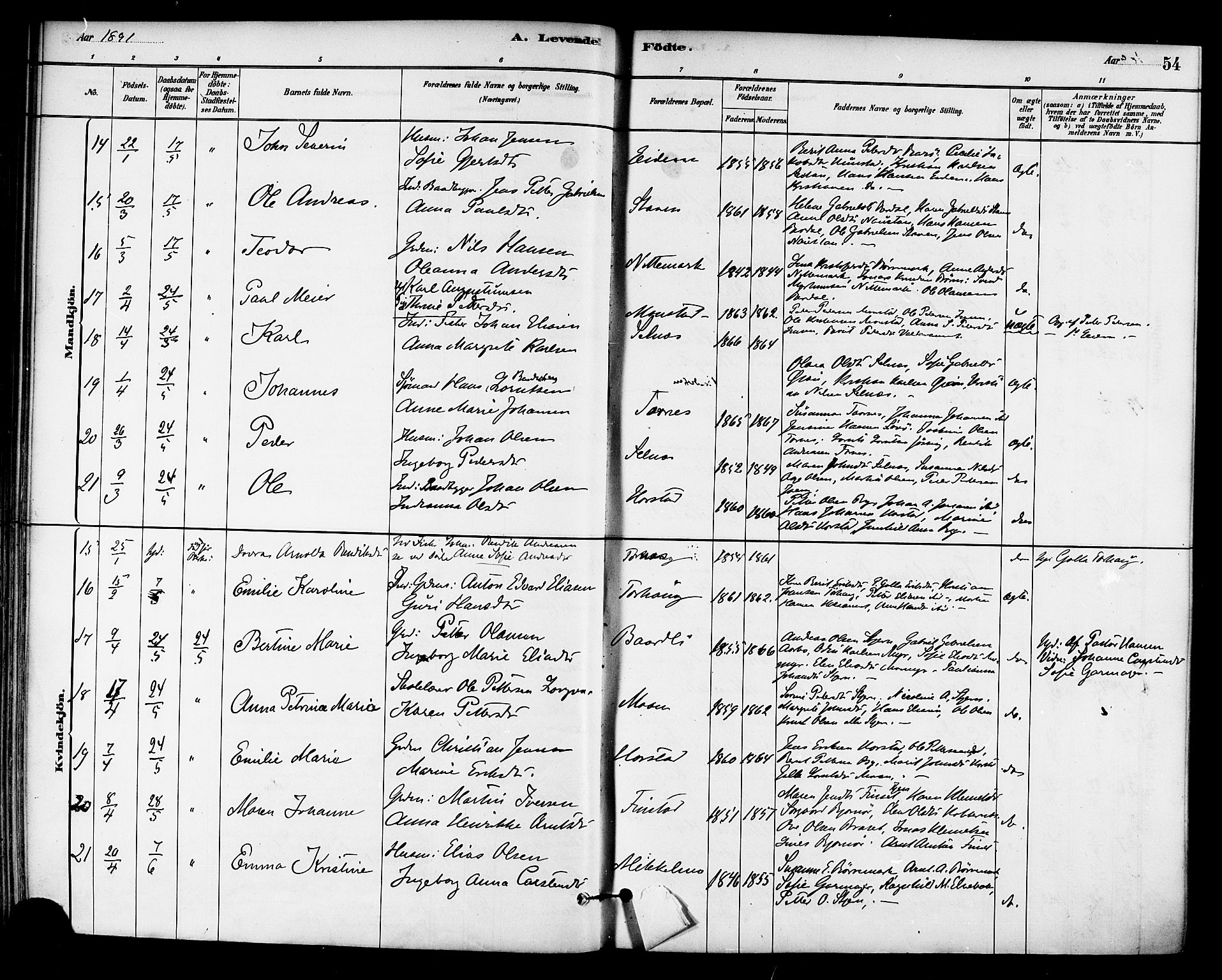 Ministerialprotokoller, klokkerbøker og fødselsregistre - Sør-Trøndelag, SAT/A-1456/655/L0680: Ministerialbok nr. 655A09, 1880-1894, s. 54