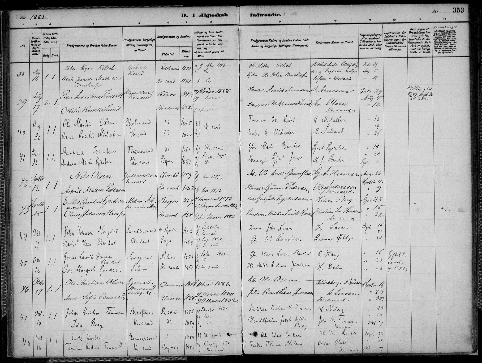Kristiansand domprosti, AV/SAK-1112-0006/F/Fa/L0017: Ministerialbok nr. A 16B, 1880-1890, s. 353