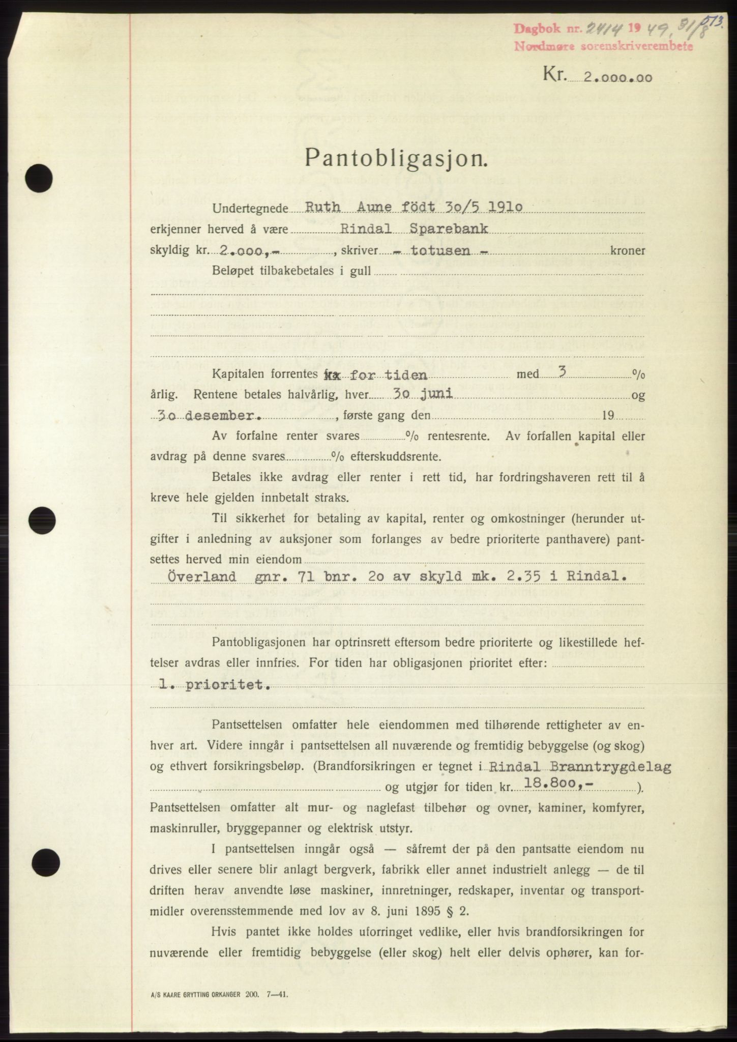 Nordmøre sorenskriveri, AV/SAT-A-4132/1/2/2Ca: Pantebok nr. B102, 1949-1949, Dagboknr: 2414/1949