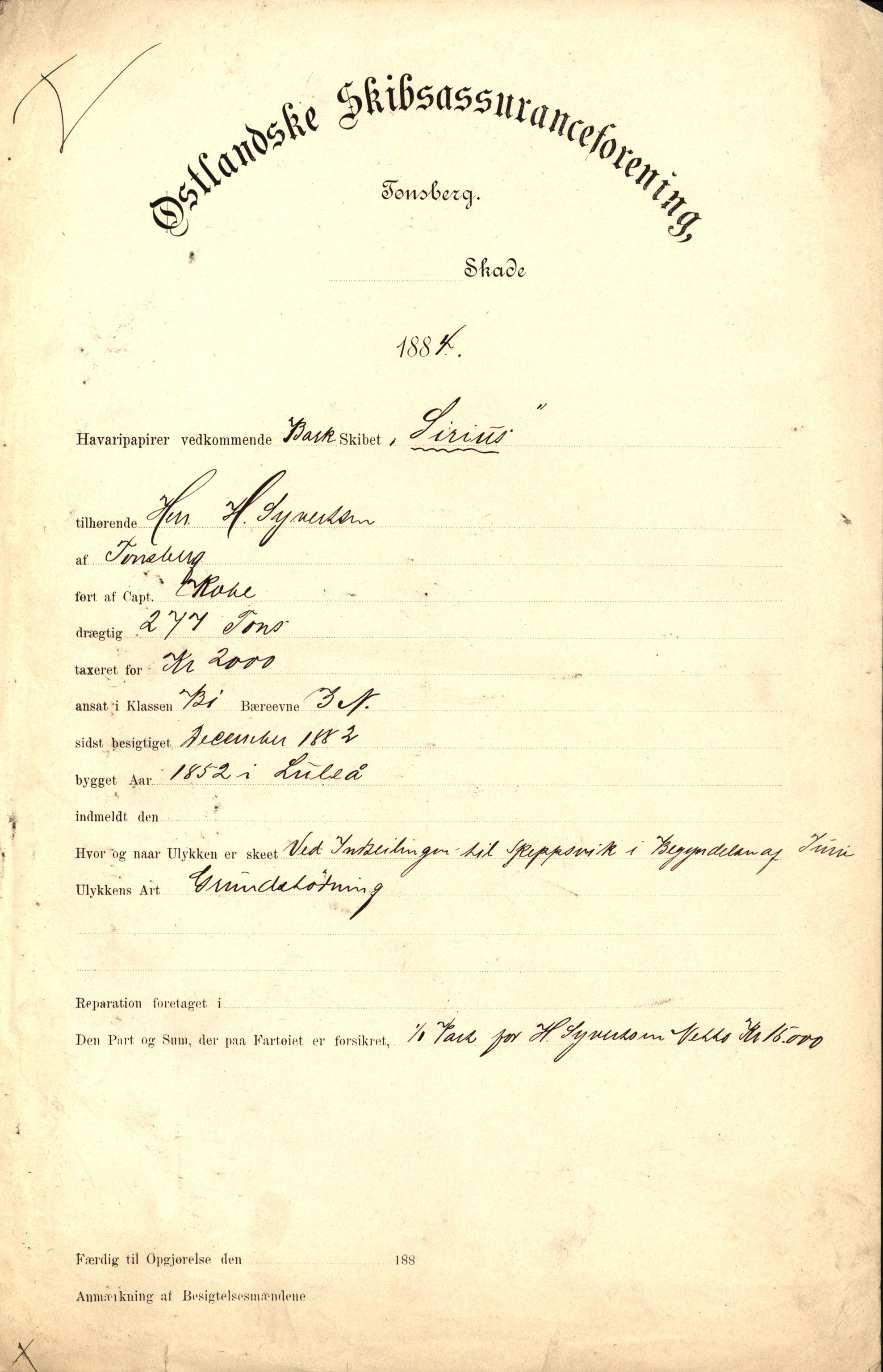 Pa 63 - Østlandske skibsassuranceforening, VEMU/A-1079/G/Ga/L0017/0007: Havaridokumenter / Immanuel, Sirius, Courier, Sjødronningen, Condor, 1884, s. 4