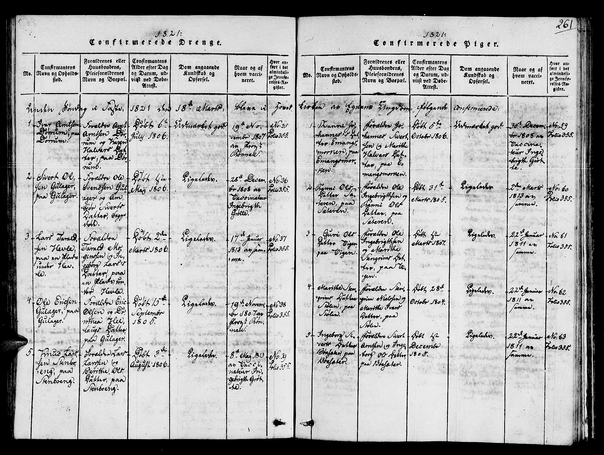 Ministerialprotokoller, klokkerbøker og fødselsregistre - Sør-Trøndelag, AV/SAT-A-1456/678/L0895: Ministerialbok nr. 678A05 /1, 1816-1821, s. 261