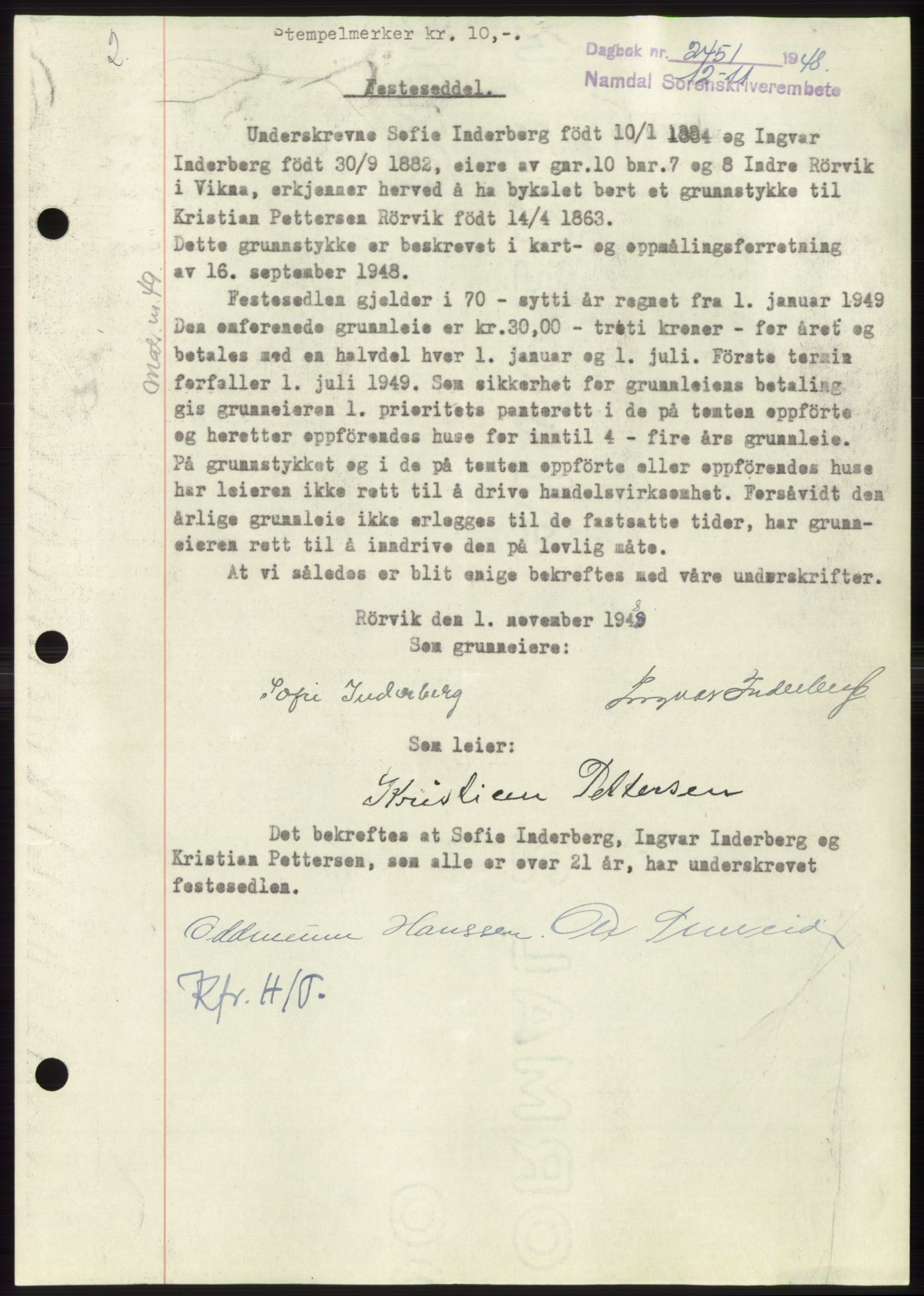 Namdal sorenskriveri, SAT/A-4133/1/2/2C: Pantebok nr. -, 1948-1948, Dagboknr: 2451/1948