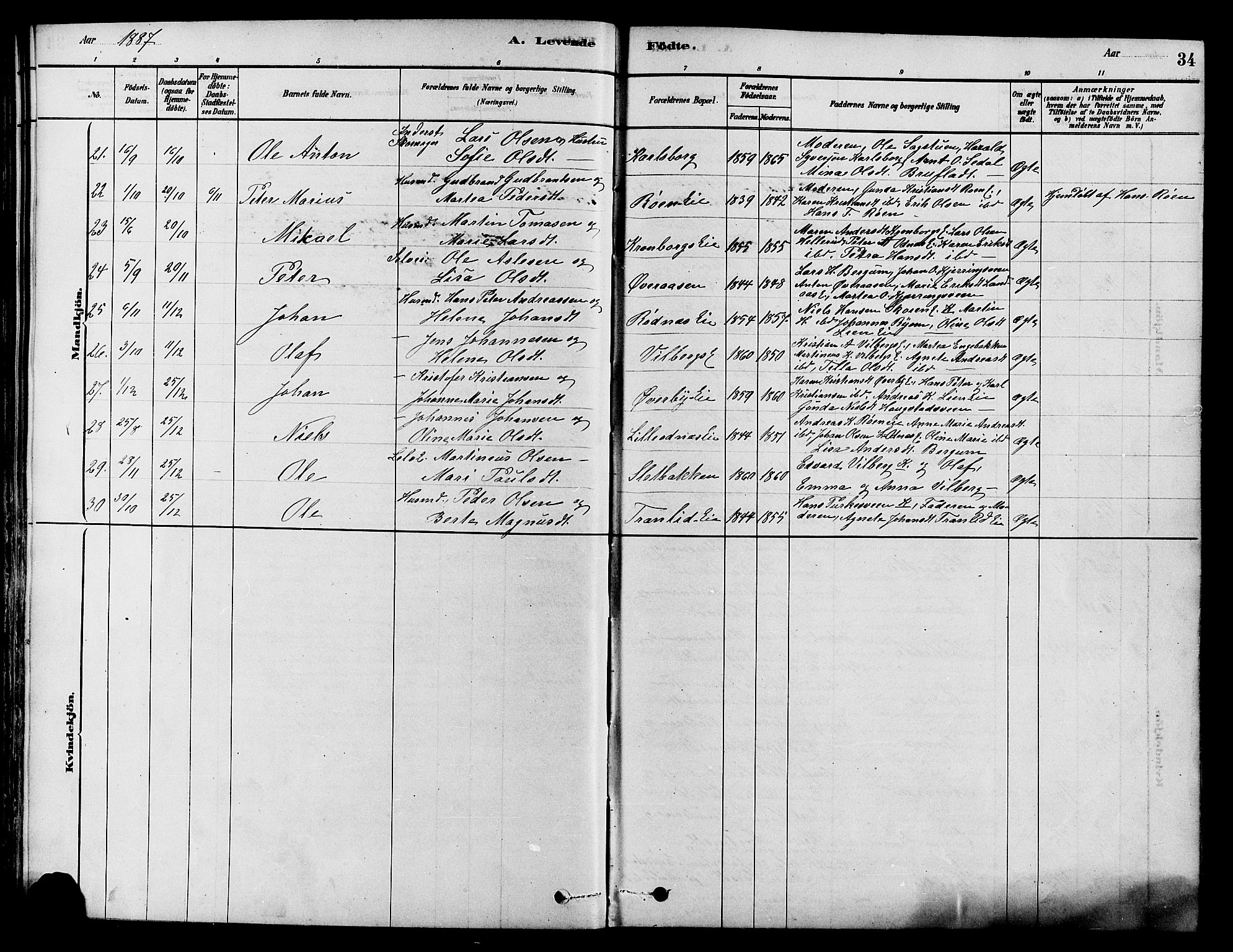 Søndre Land prestekontor, AV/SAH-PREST-122/K/L0002: Ministerialbok nr. 2, 1878-1894, s. 34