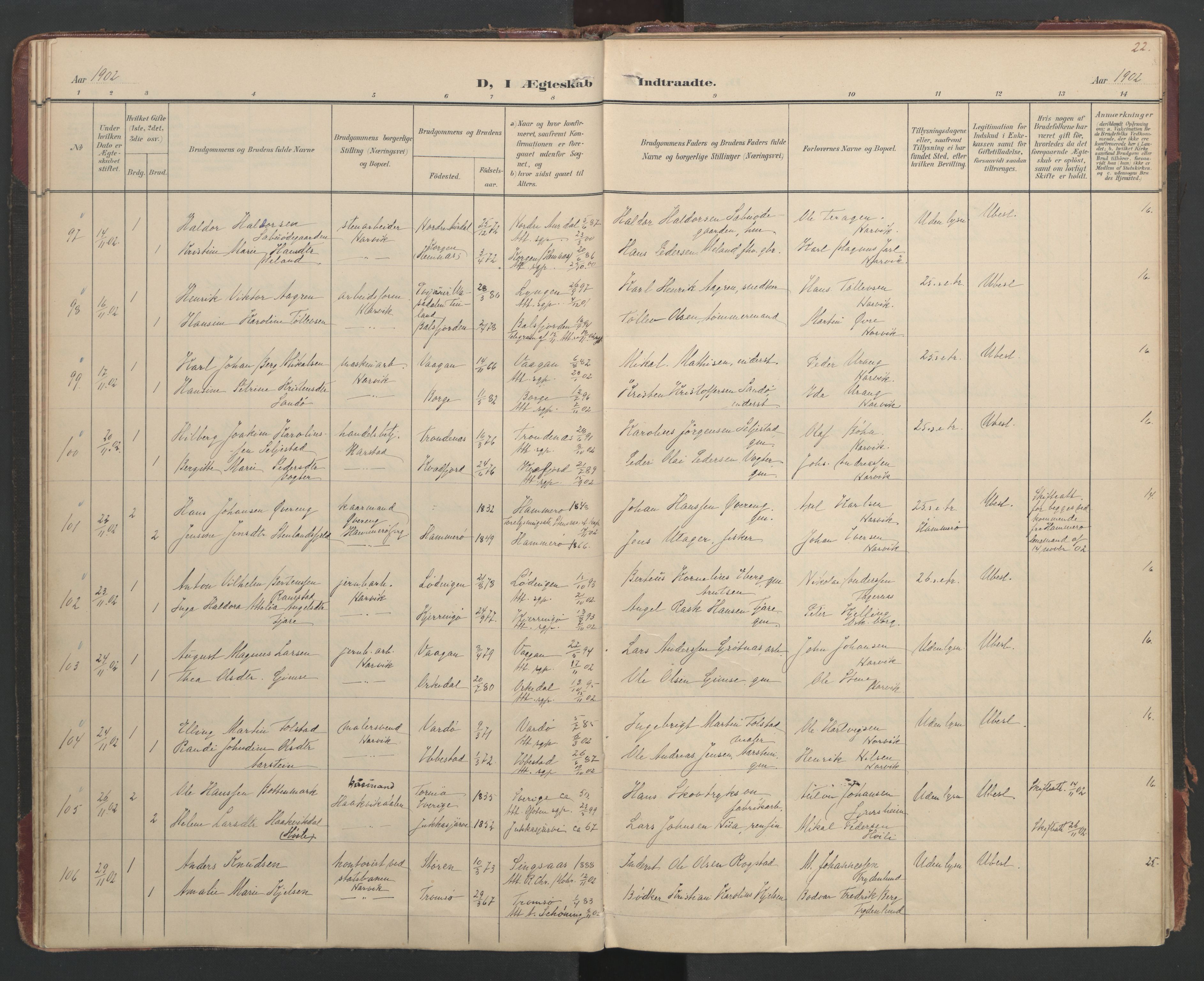 Ministerialprotokoller, klokkerbøker og fødselsregistre - Nordland, AV/SAT-A-1459/866/L0942: Ministerialbok nr. 866A05, 1901-1928, s. 22