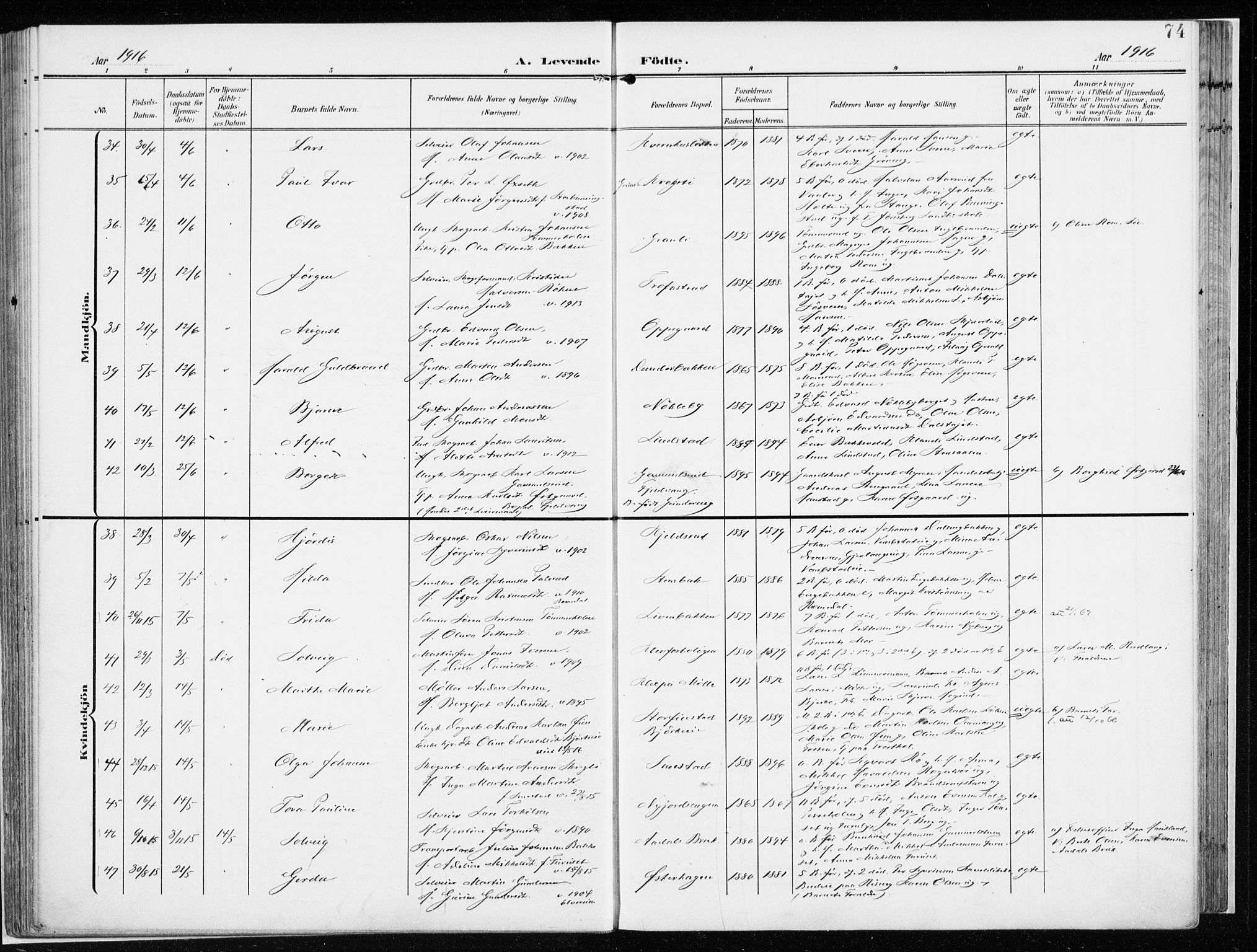 Løten prestekontor, AV/SAH-PREST-022/K/Ka/L0011: Ministerialbok nr. 11, 1908-1917, s. 74