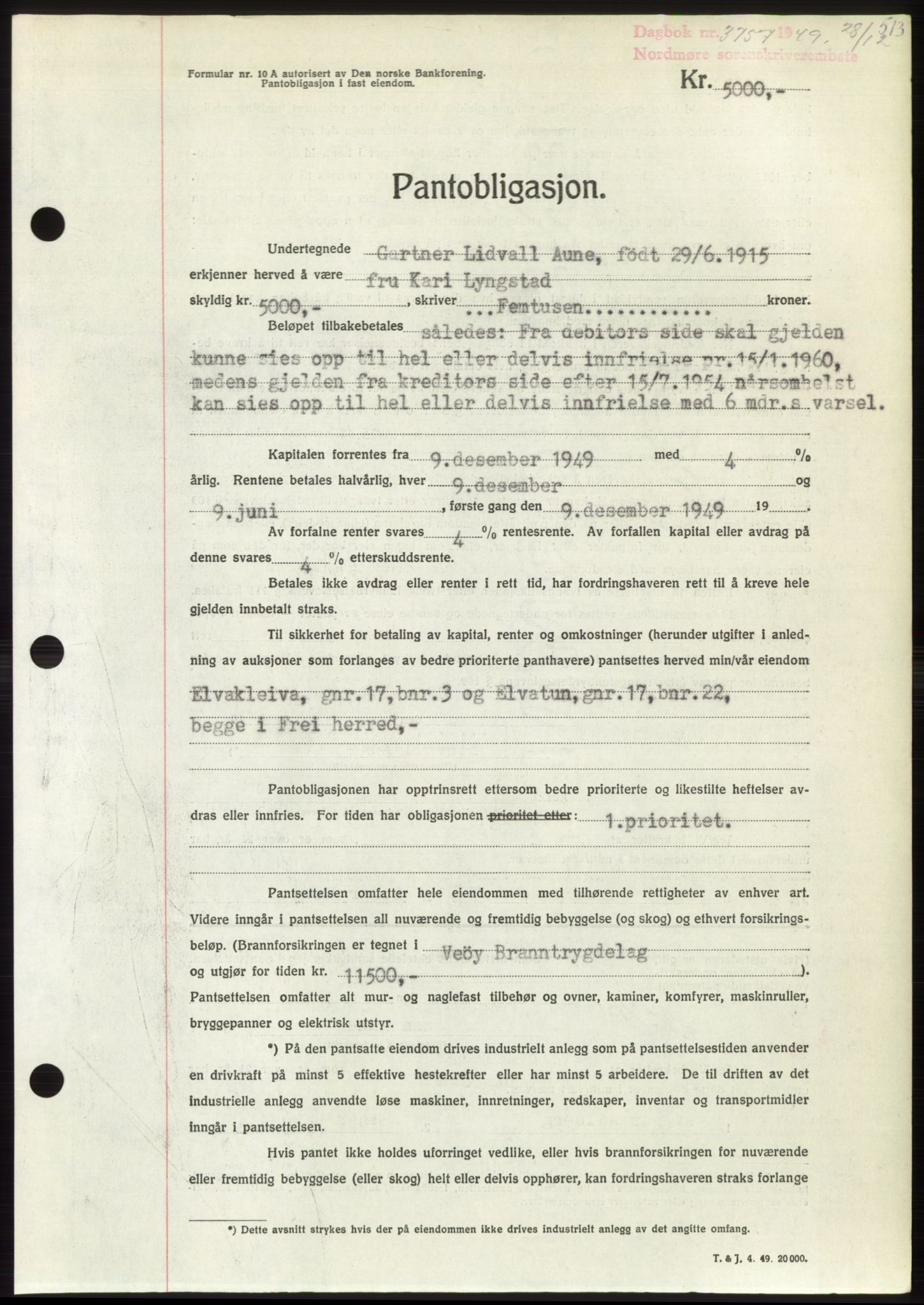 Nordmøre sorenskriveri, AV/SAT-A-4132/1/2/2Ca: Pantebok nr. B103, 1949-1950, Dagboknr: 3757/1949