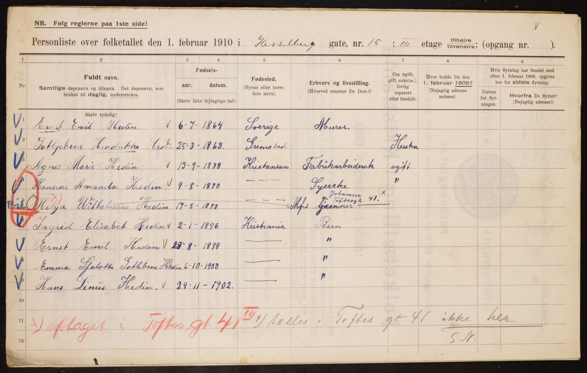 OBA, Kommunal folketelling 1.2.1910 for Kristiania, 1910, s. 39395