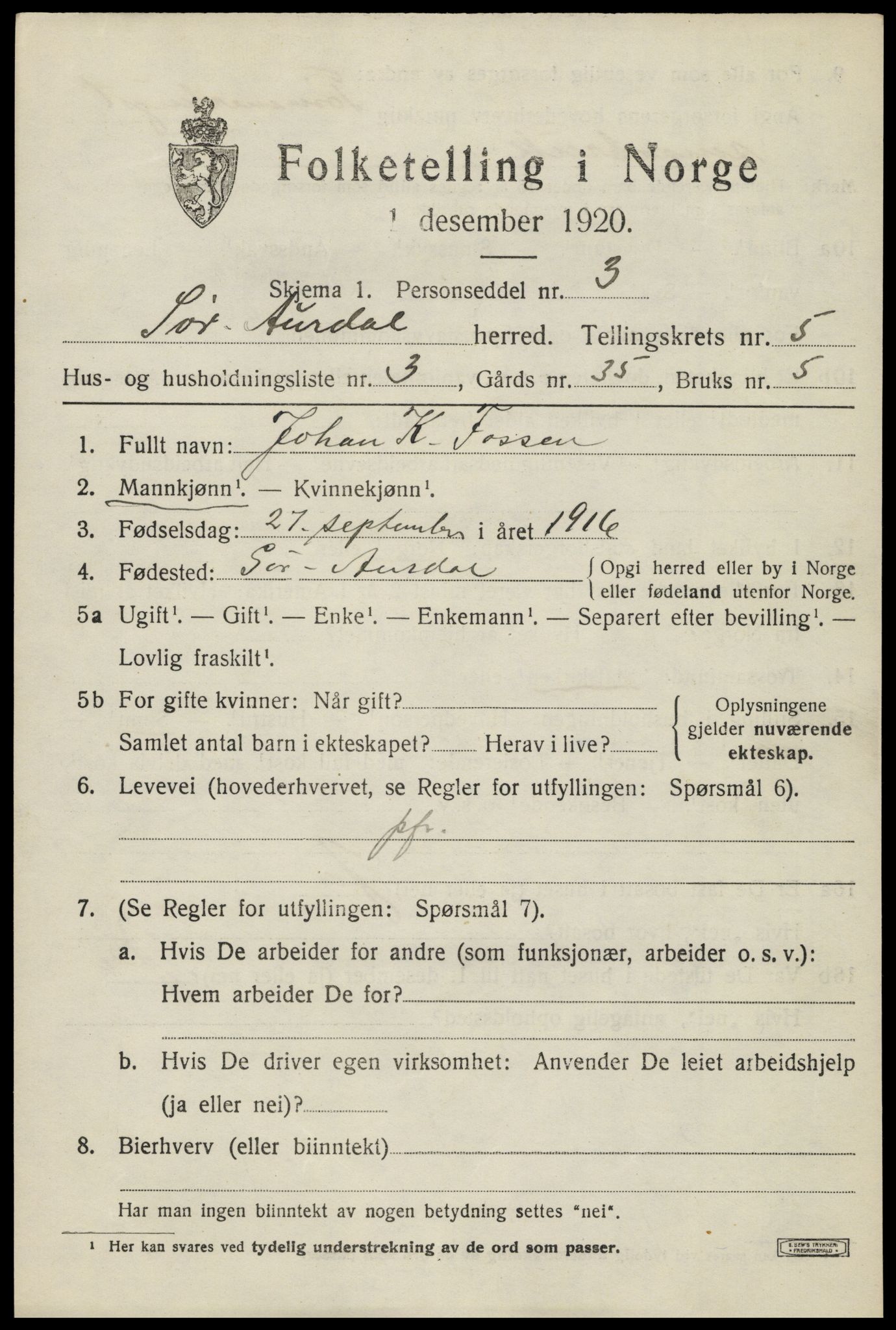 SAH, Folketelling 1920 for 0540 Sør-Aurdal herred, 1920, s. 2767