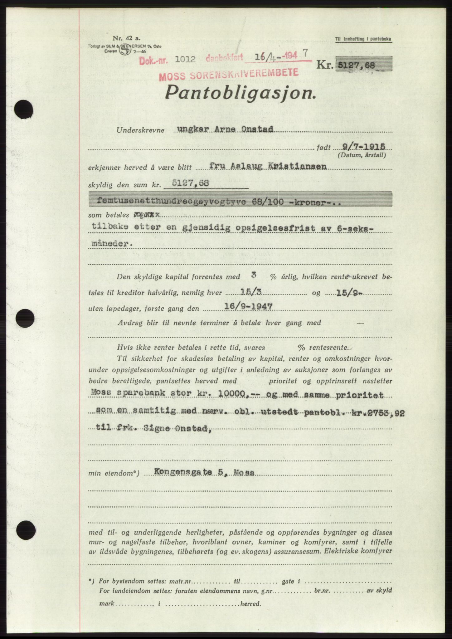 Moss sorenskriveri, SAO/A-10168: Pantebok nr. B17, 1947-1947, Dagboknr: 1012/1947
