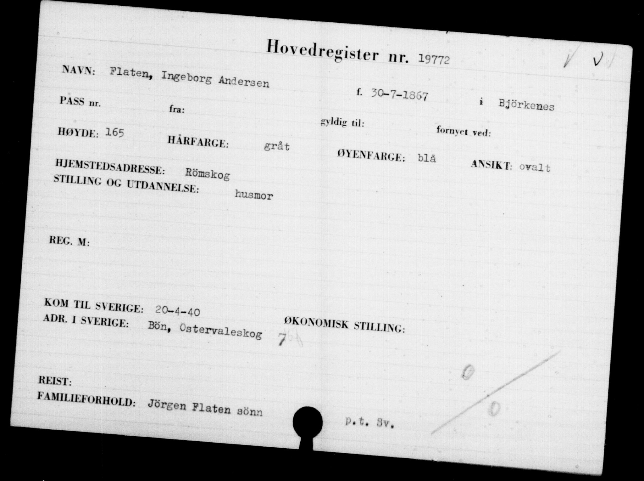 Utenriksstasjonene, Legasjonen i Stockholm, Flyktningkontoret, AV/RA-S-6753/V/Va/L0009: Kjesäterkartoteket, flyktninger med registreringsnr. 18502-22048, 1940-1945, s. 1427