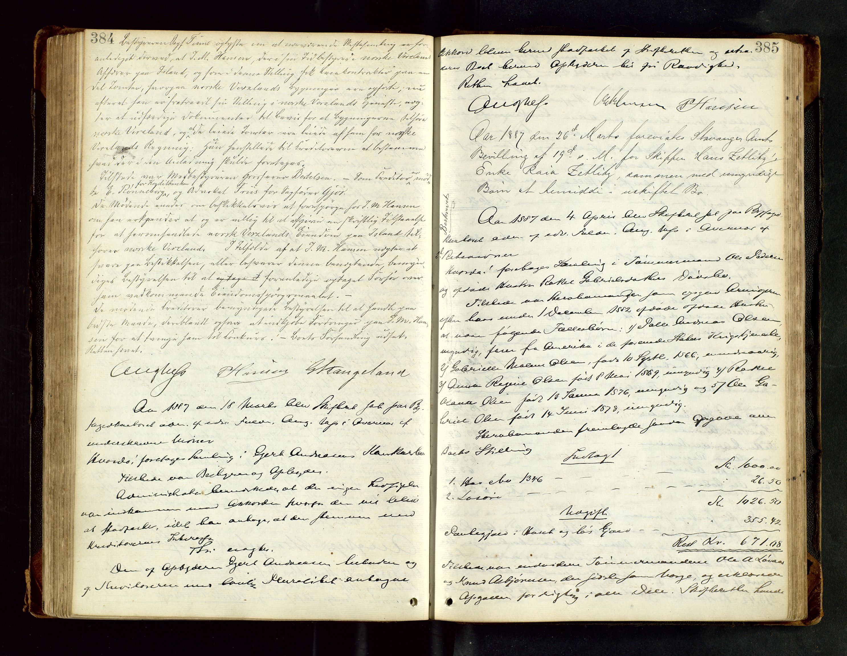 Stavanger byfogd, AV/SAST-A-101408/001/5/50/503BB/L0017: Skifteforhandlingsprotokoll, 1883-1889, s. 384-385