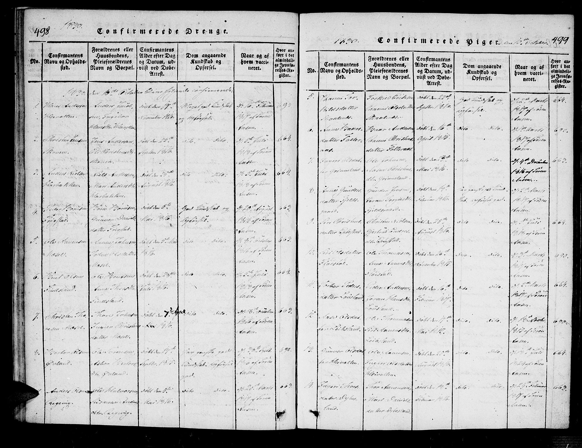Bjelland sokneprestkontor, SAK/1111-0005/F/Fa/Fab/L0002: Ministerialbok nr. A 2, 1816-1869, s. 498-499