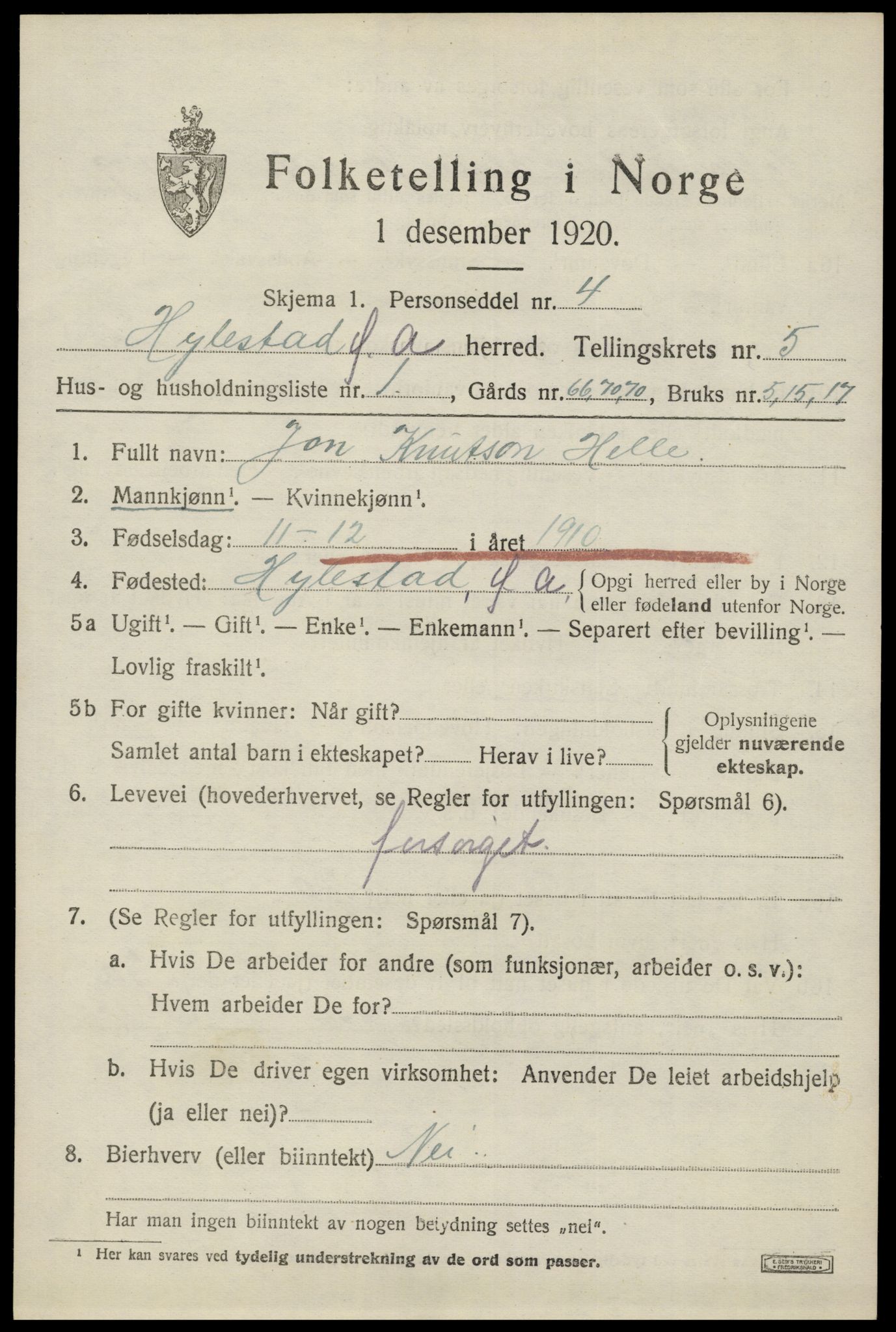 SAK, Folketelling 1920 for 0939 Hylestad herred, 1920, s. 1392