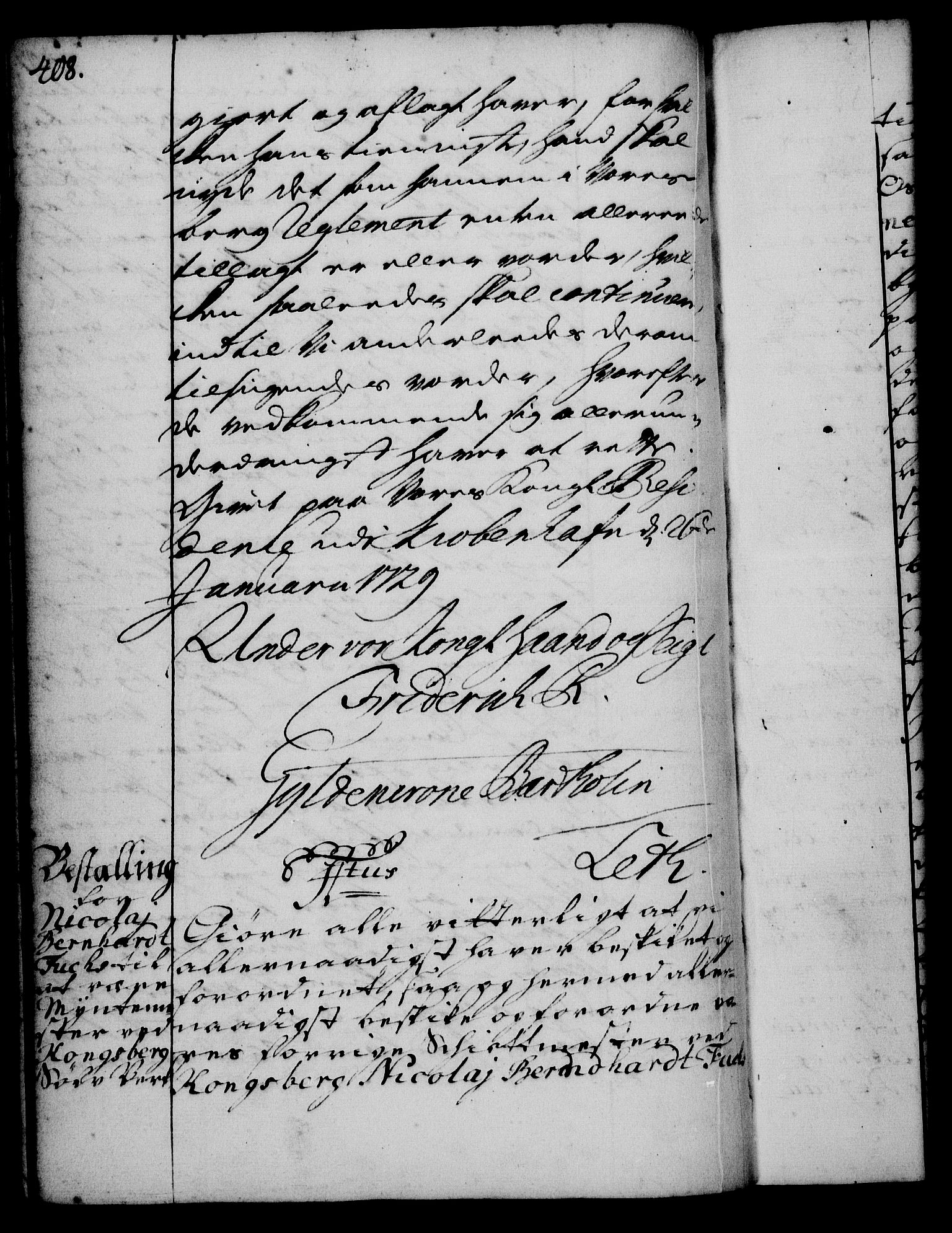 Rentekammeret, Kammerkanselliet, AV/RA-EA-3111/G/Gg/Gge/L0001: Norsk bestallingsprotokoll med register (merket RK 53.25), 1720-1730, s. 408