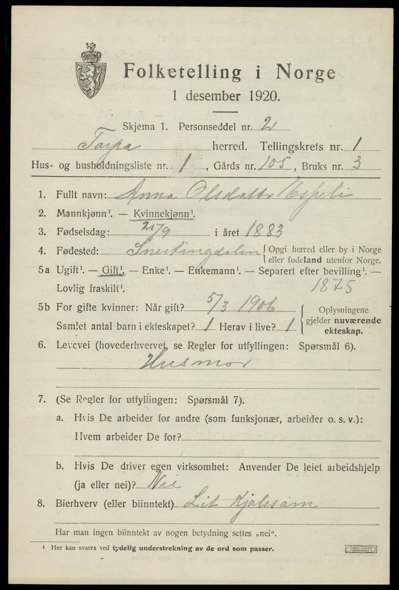 SAH, Folketelling 1920 for 0539 Torpa herred, 1920, s. 935