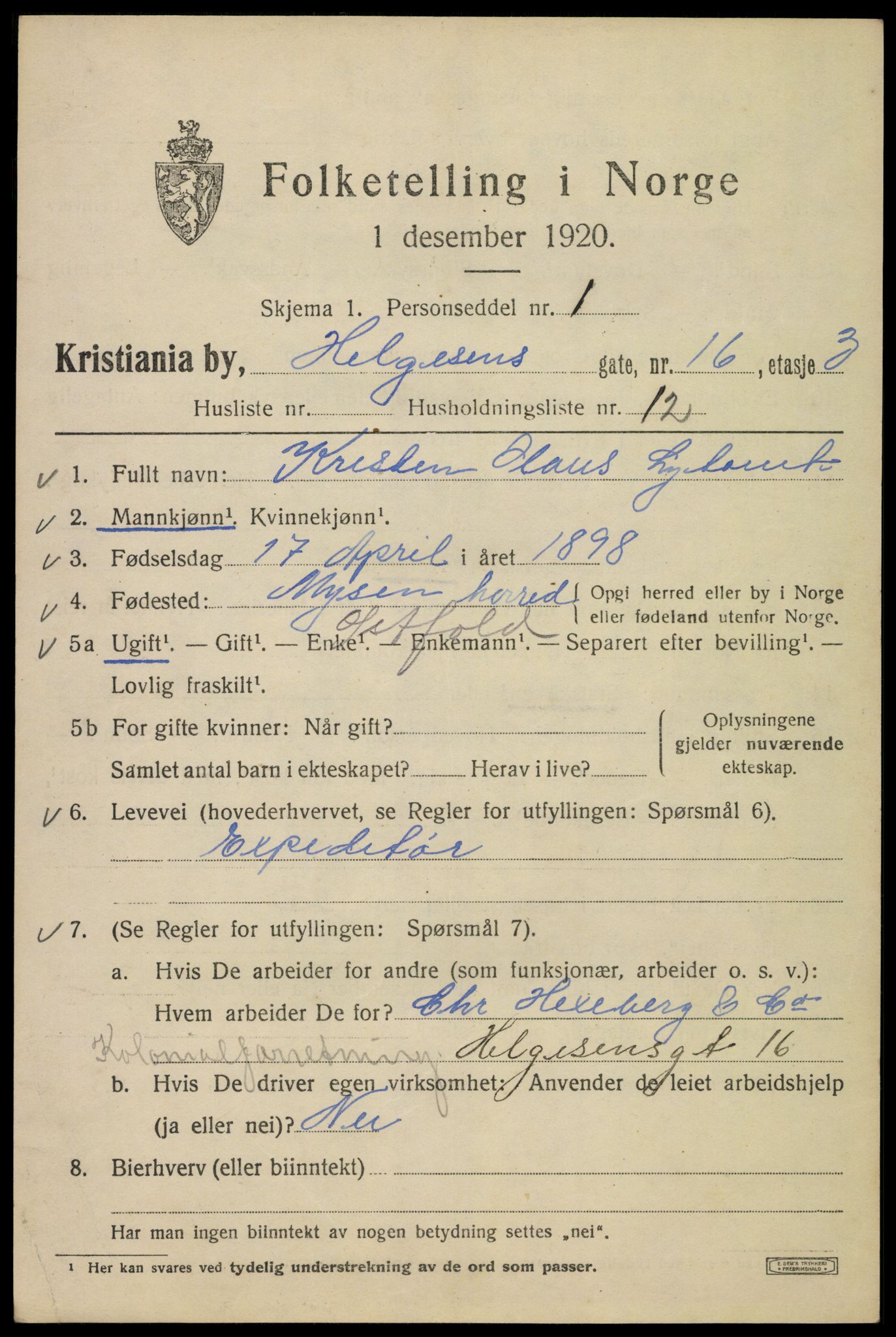 SAO, Folketelling 1920 for 0301 Kristiania kjøpstad, 1920, s. 283659