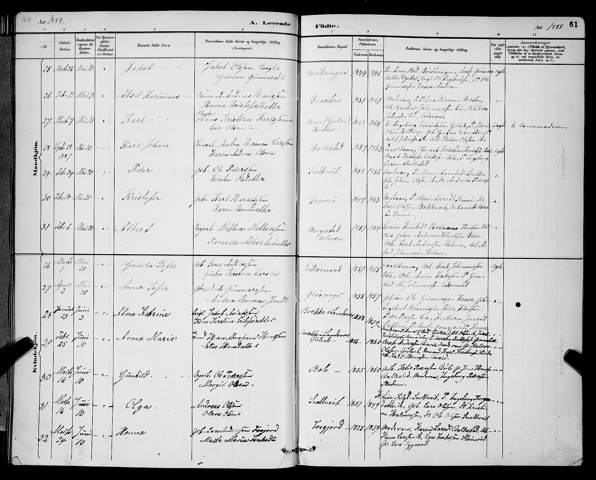 Gjerpen kirkebøker, AV/SAKO-A-265/G/Ga/L0002: Klokkerbok nr. I 2, 1883-1900, s. 61