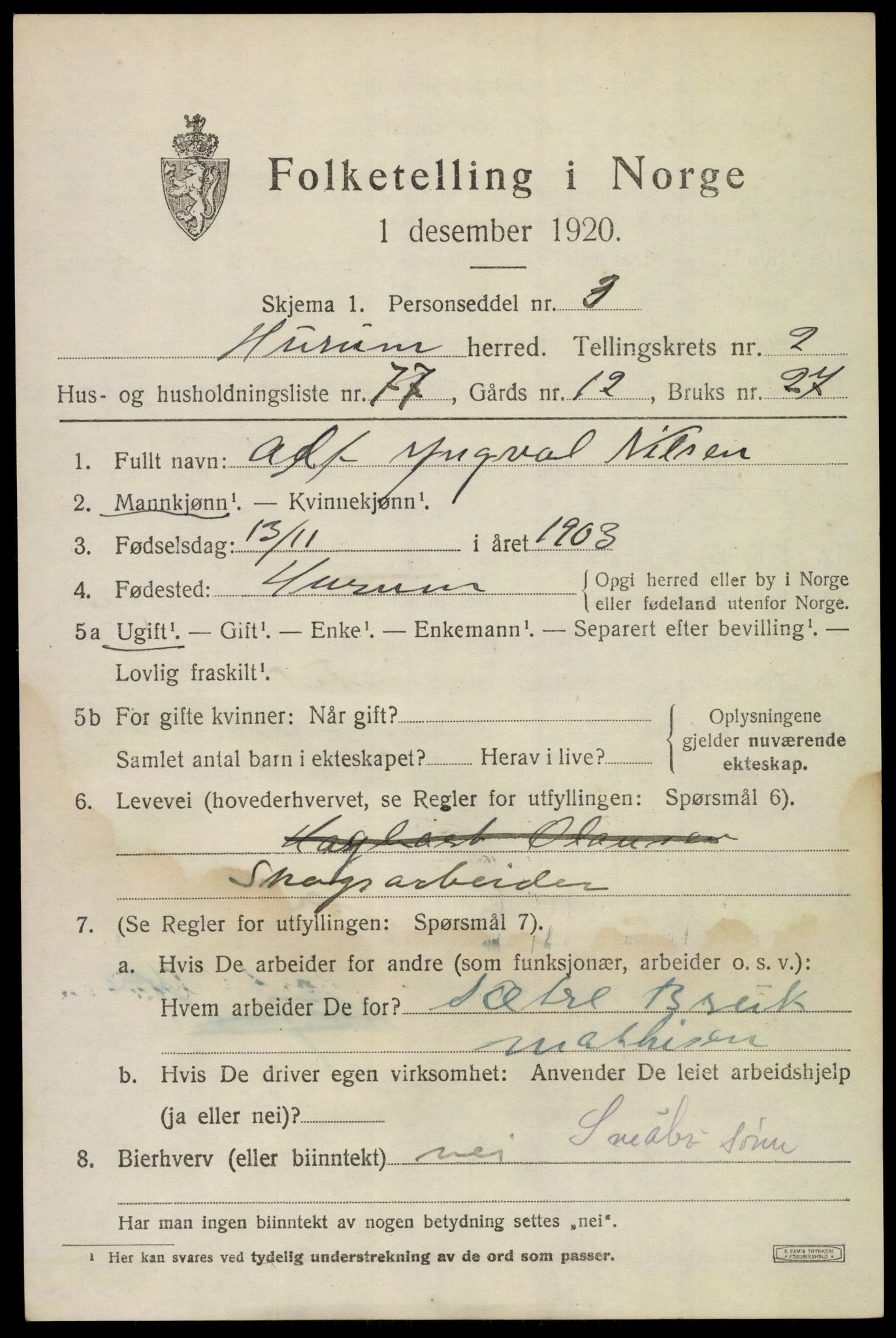 SAKO, Folketelling 1920 for 0628 Hurum herred, 1920, s. 4600