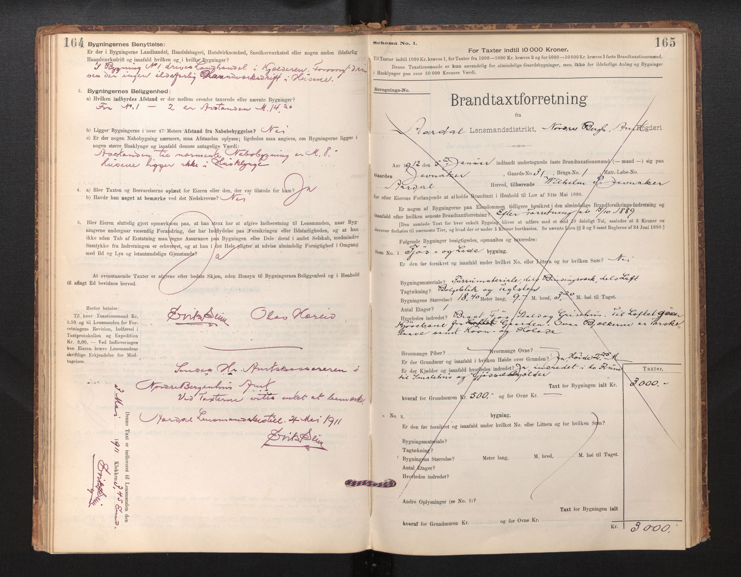 Lensmannen i Årdal, SAB/A-30501/0012/L0008: Branntakstprotokoll, skjematakst, 1895-1915, s. 164-165