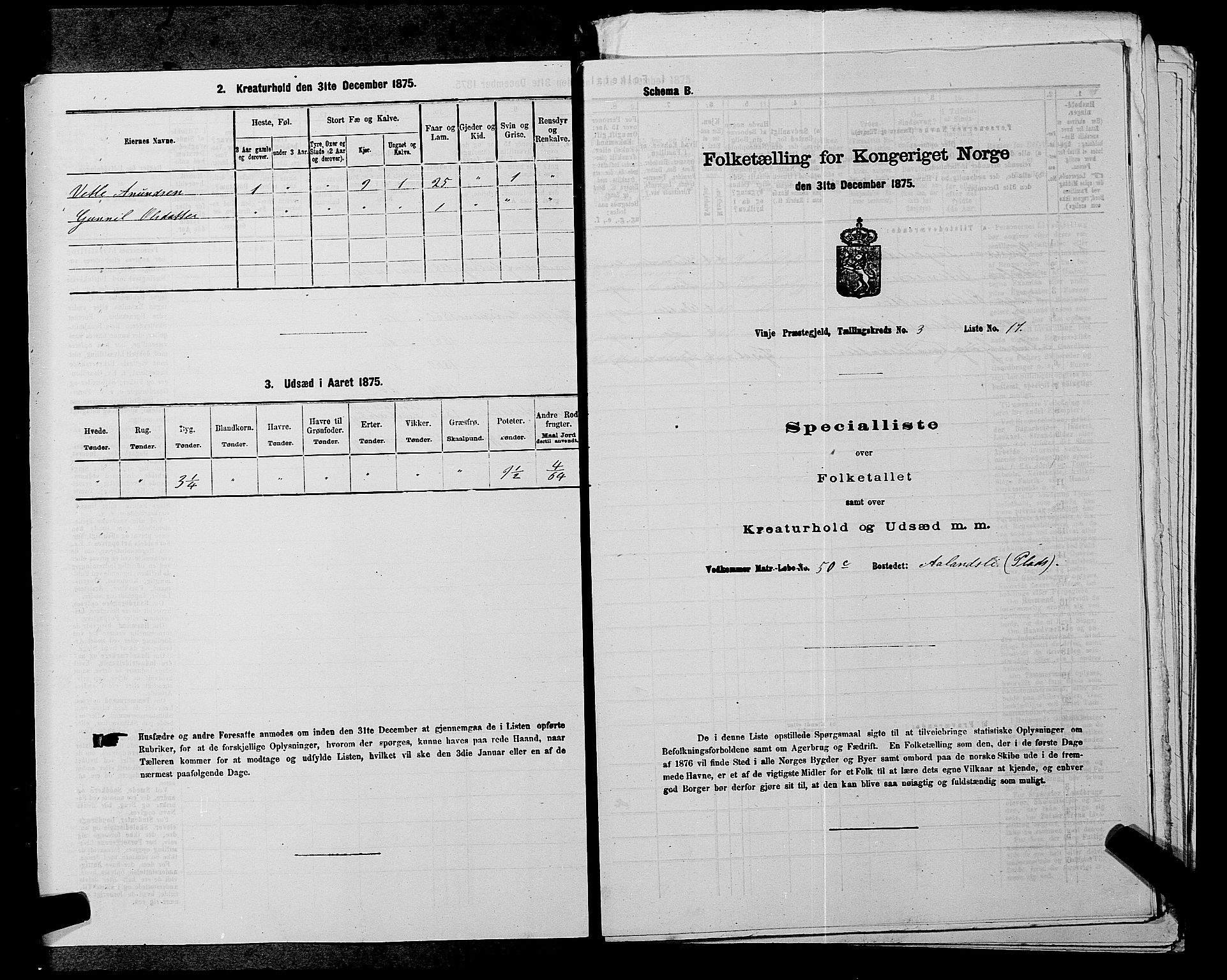 SAKO, Folketelling 1875 for 0834P Vinje prestegjeld, 1875, s. 289