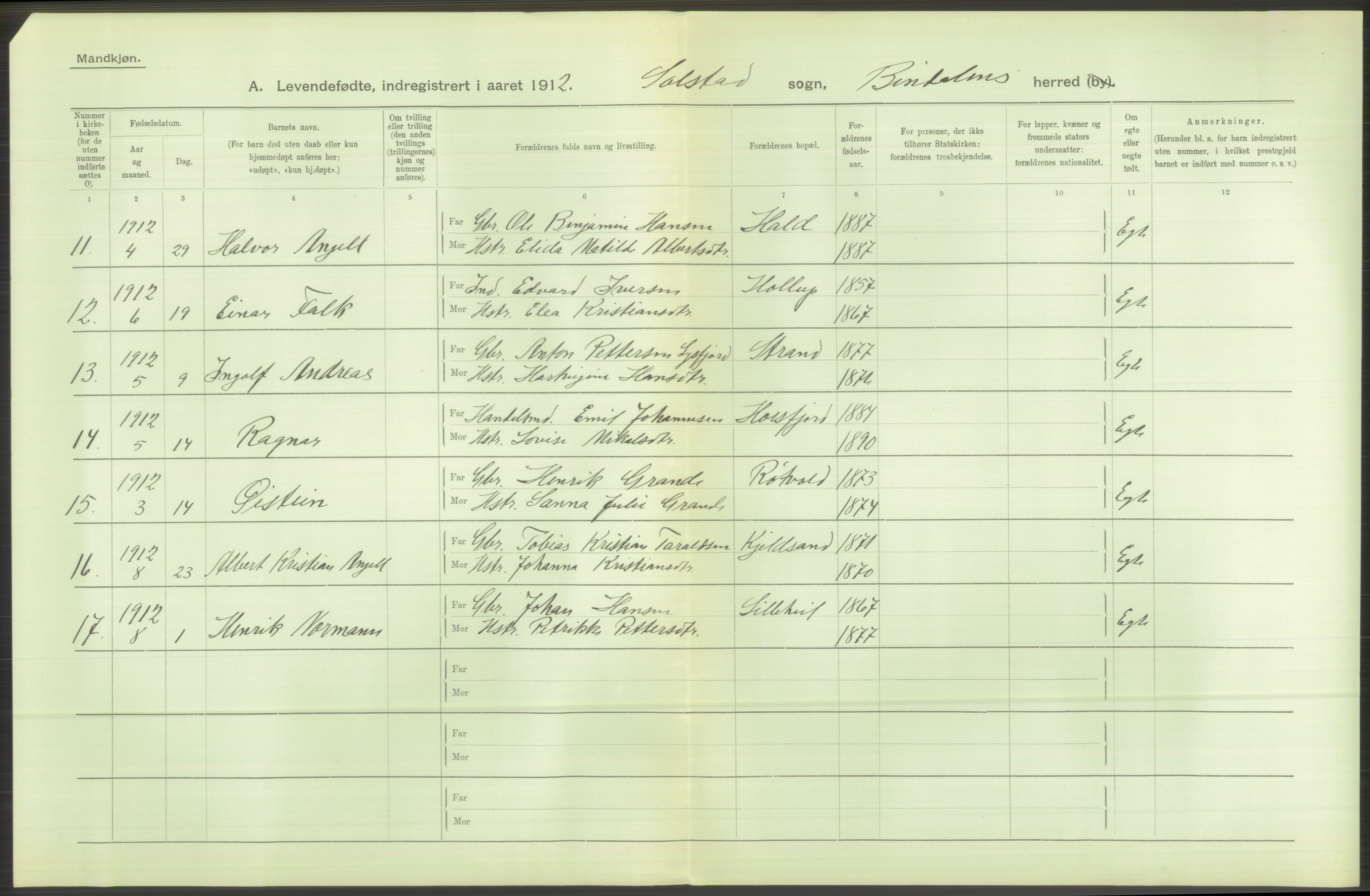 Statistisk sentralbyrå, Sosiodemografiske emner, Befolkning, AV/RA-S-2228/D/Df/Dfb/Dfbb/L0046: Nordlands amt: Levendefødte menn og kvinner. Bygder., 1912, s. 110