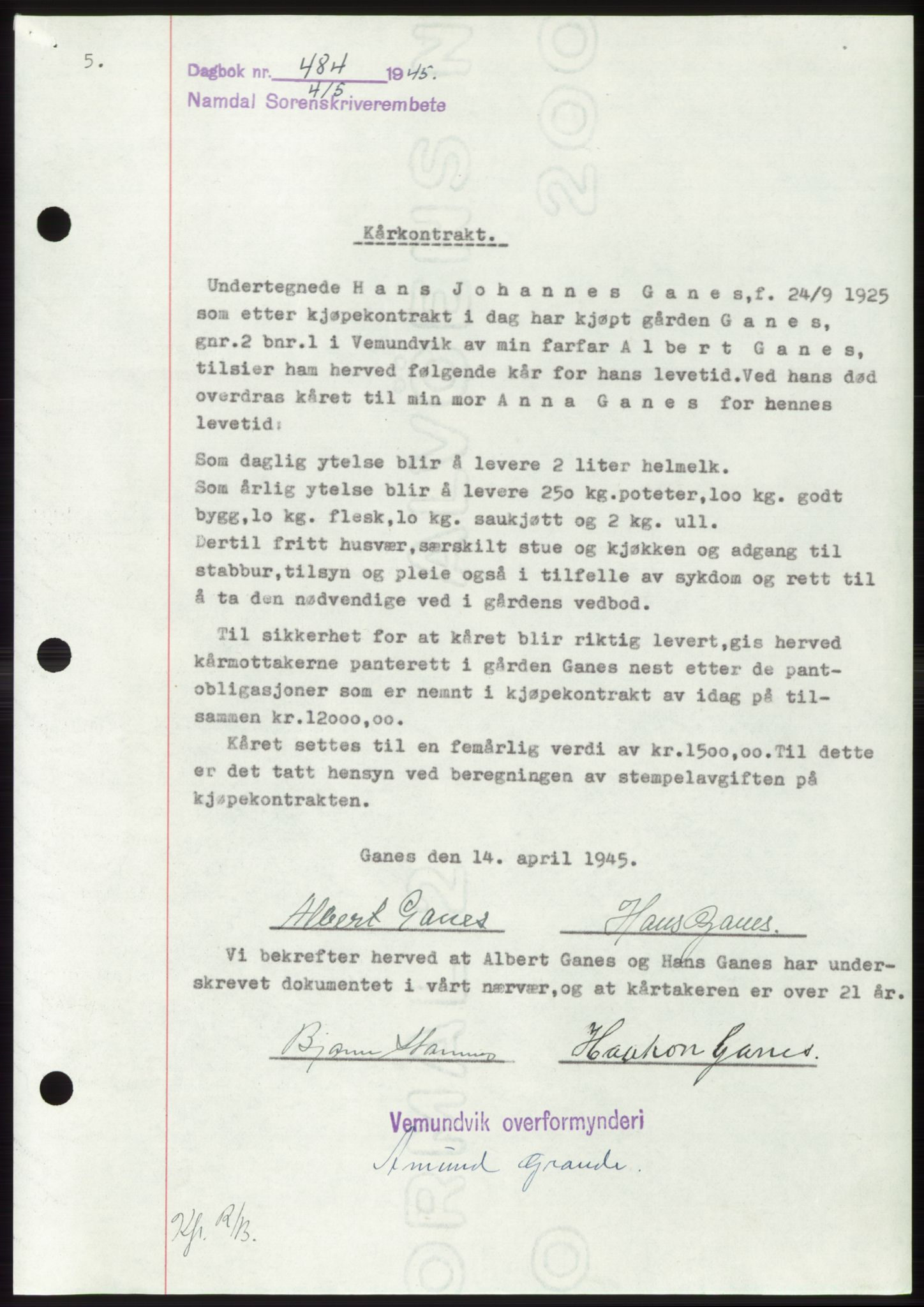Namdal sorenskriveri, SAT/A-4133/1/2/2C: Pantebok nr. -, 1944-1945, Dagboknr: 484/1945
