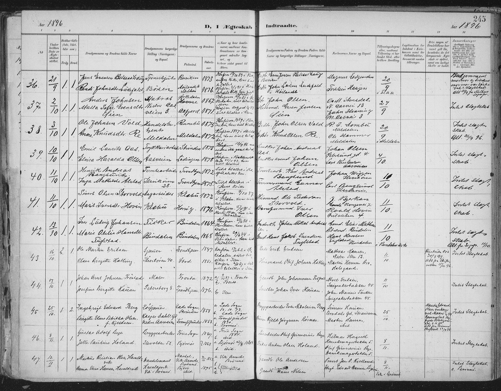 Ministerialprotokoller, klokkerbøker og fødselsregistre - Sør-Trøndelag, SAT/A-1456/603/L0167: Ministerialbok nr. 603A06, 1896-1932, s. 245