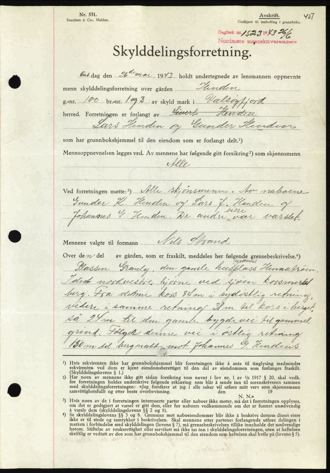 Nordmøre sorenskriveri, AV/SAT-A-4132/1/2/2Ca: Pantebok nr. A95, 1943-1943, Dagboknr: 1523/1943