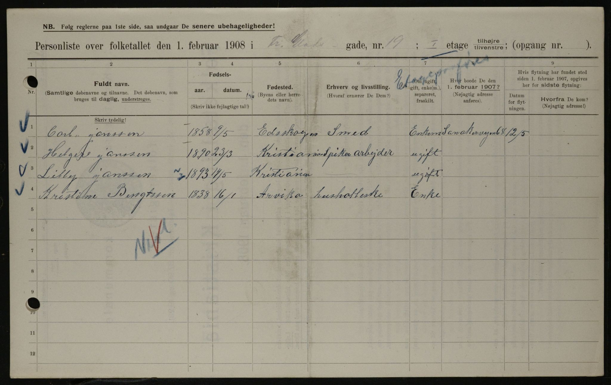 OBA, Kommunal folketelling 1.2.1908 for Kristiania kjøpstad, 1908, s. 24032