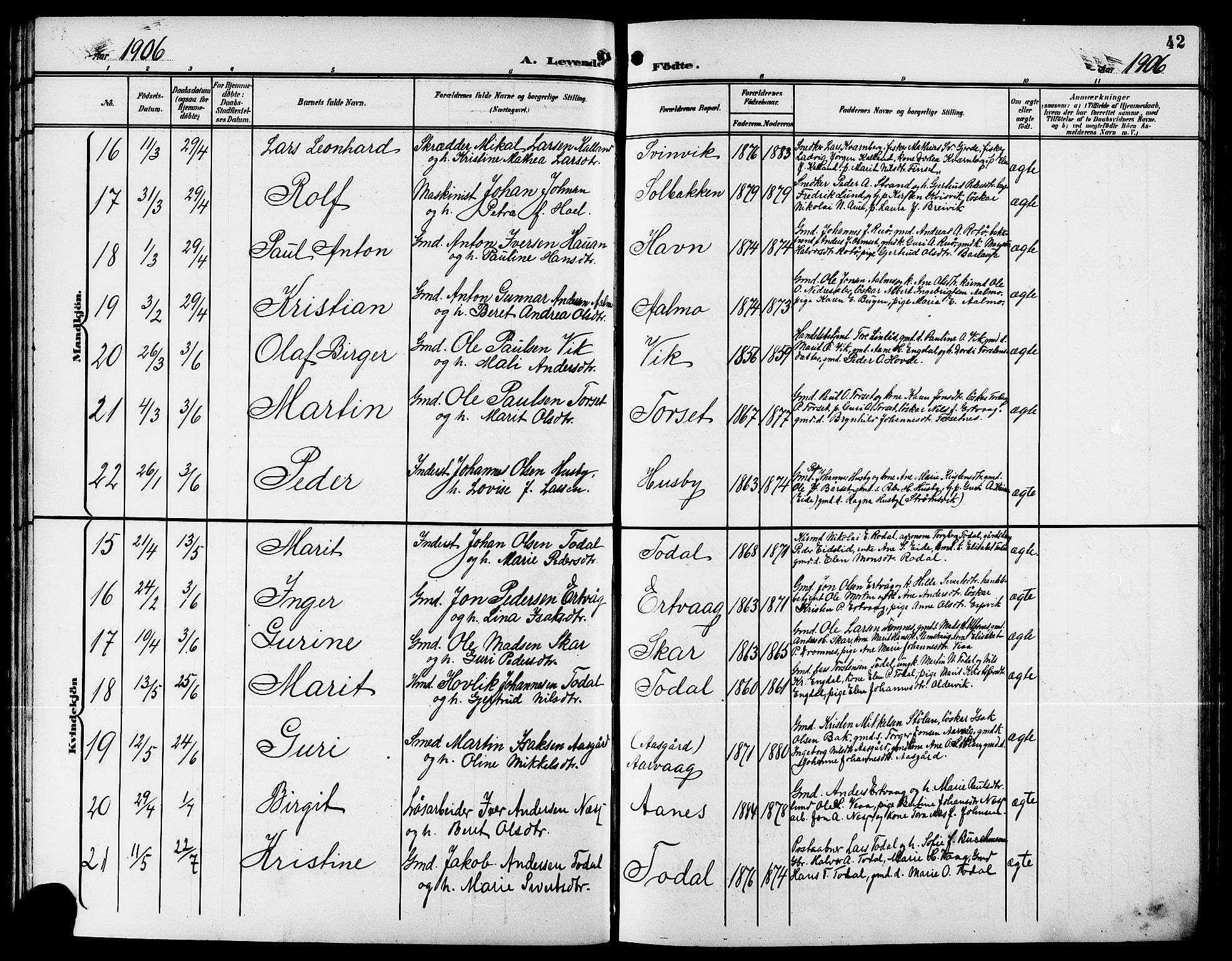 Ministerialprotokoller, klokkerbøker og fødselsregistre - Møre og Romsdal, AV/SAT-A-1454/578/L0910: Klokkerbok nr. 578C03, 1900-1921, s. 42