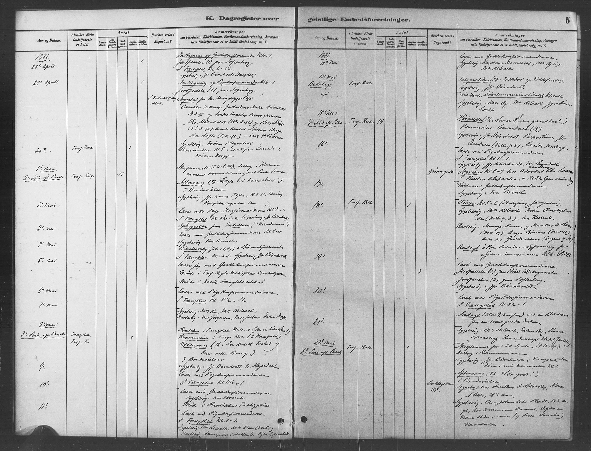 Trefoldighet prestekontor Kirkebøker, AV/SAO-A-10882/I/Ia/L0003: Dagsregister nr. 3, 1881-1901, s. 5