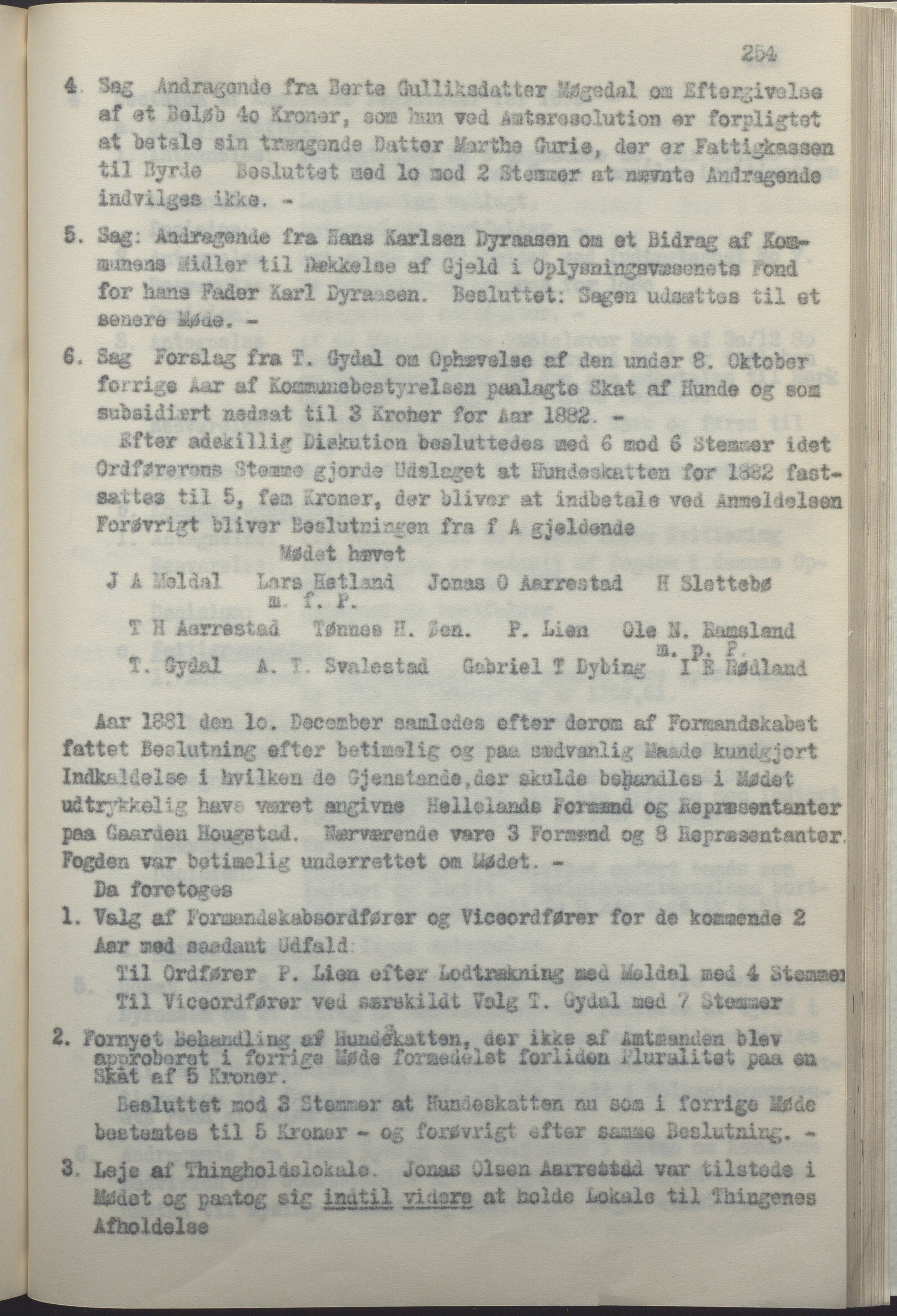 Helleland kommune - Formannskapet, IKAR/K-100479/A/Ab/L0002: Avskrift av møtebok, 1866-1887, s. 254