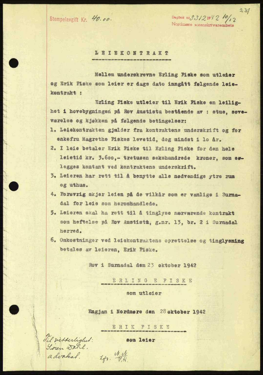 Nordmøre sorenskriveri, SAT/A-4132/1/2/2Ca: Pantebok nr. B90, 1942-1943, Dagboknr: 3312/1942
