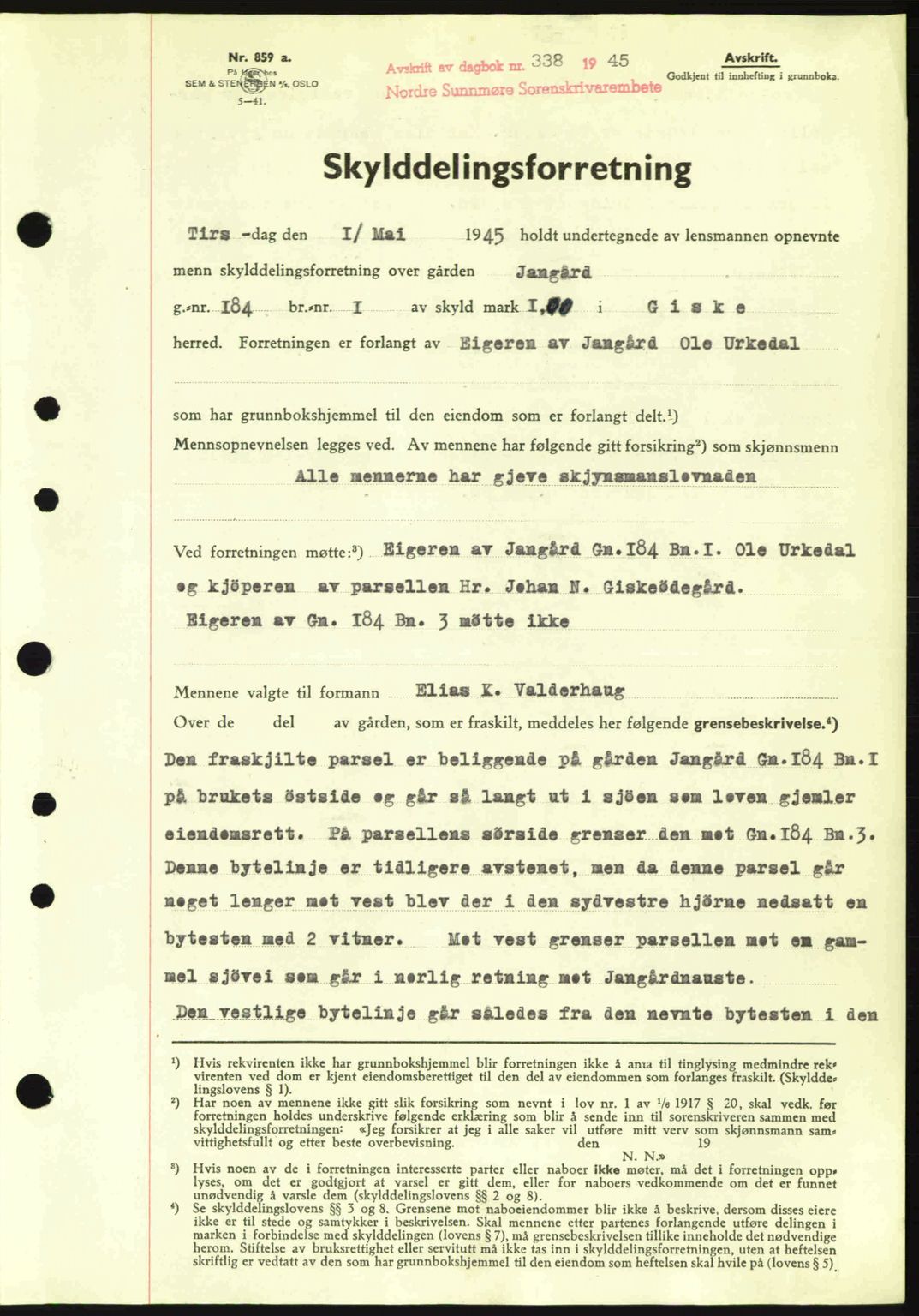 Nordre Sunnmøre sorenskriveri, SAT/A-0006/1/2/2C/2Ca: Pantebok nr. A19, 1944-1945, Dagboknr: 338/1945