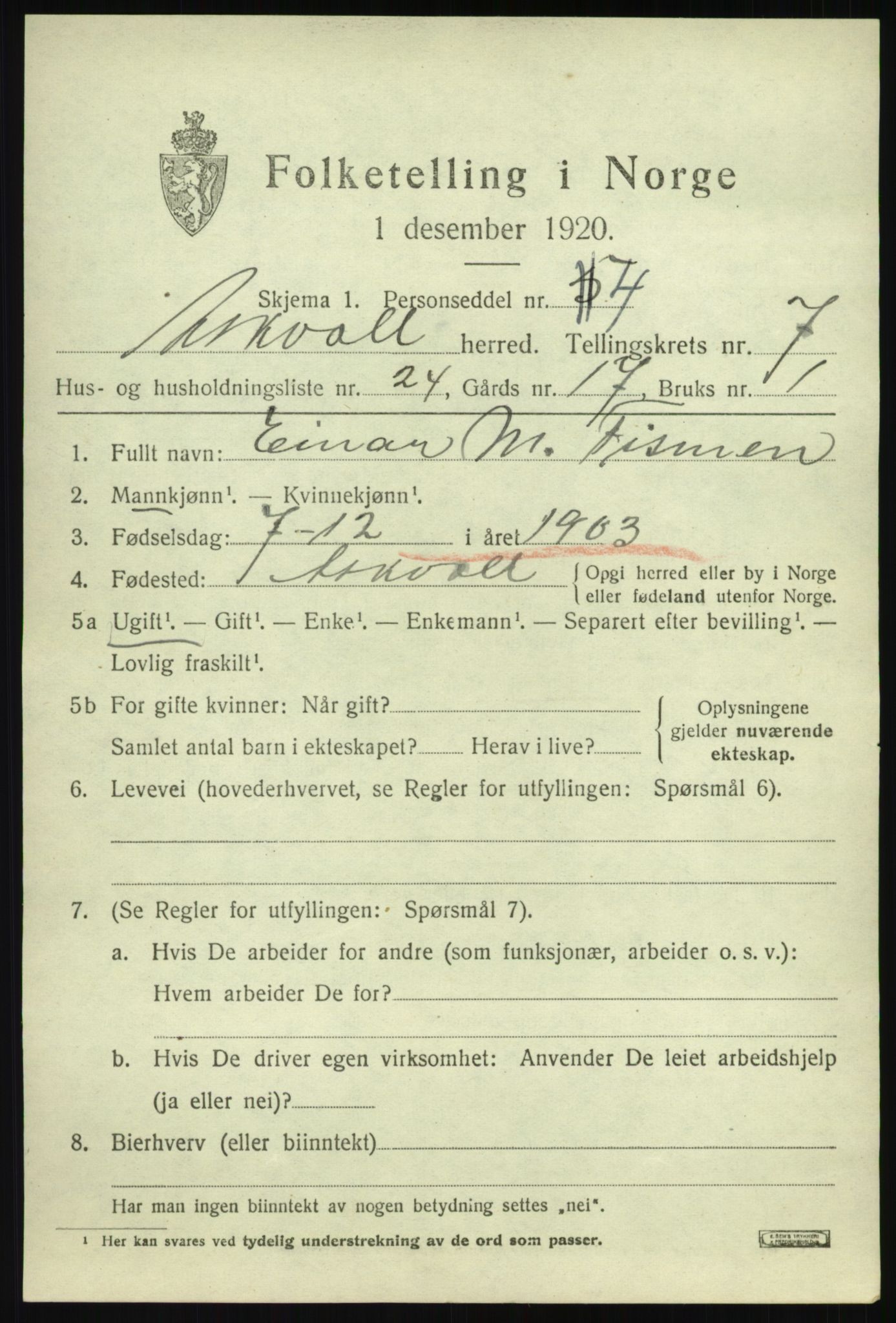 SAB, Folketelling 1920 for 1428 Askvoll herred, 1920, s. 3578