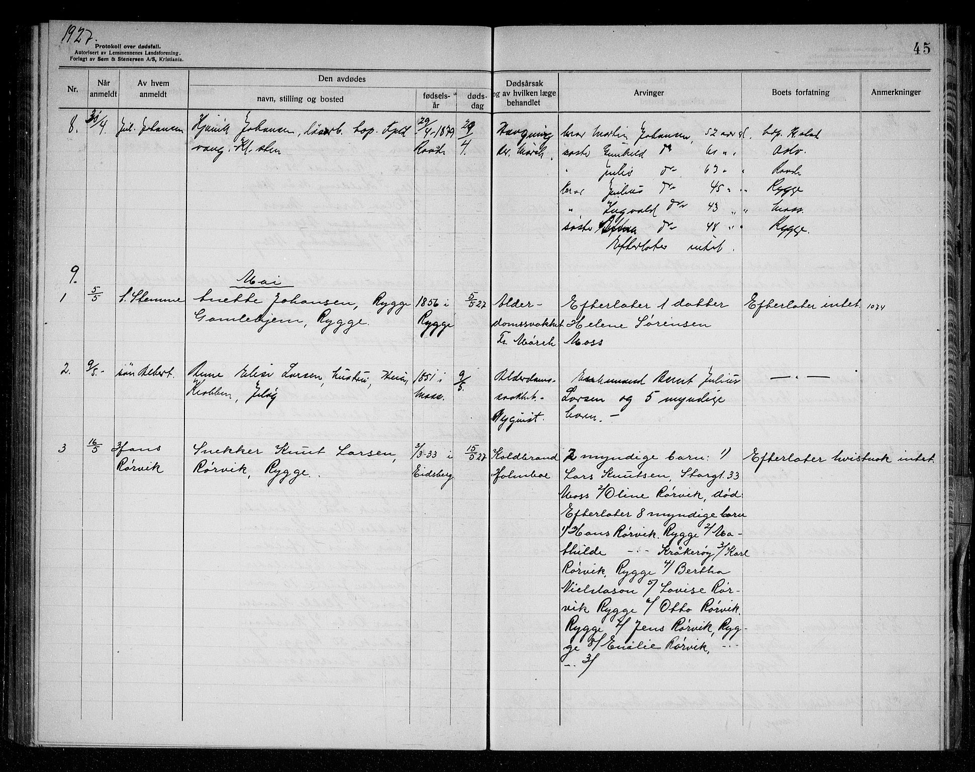 Rygge lensmannskontor, SAO/A-10005/H/Ha/Haa/L0008: Dødsfallsprotokoll, 1925-1929, s. 45