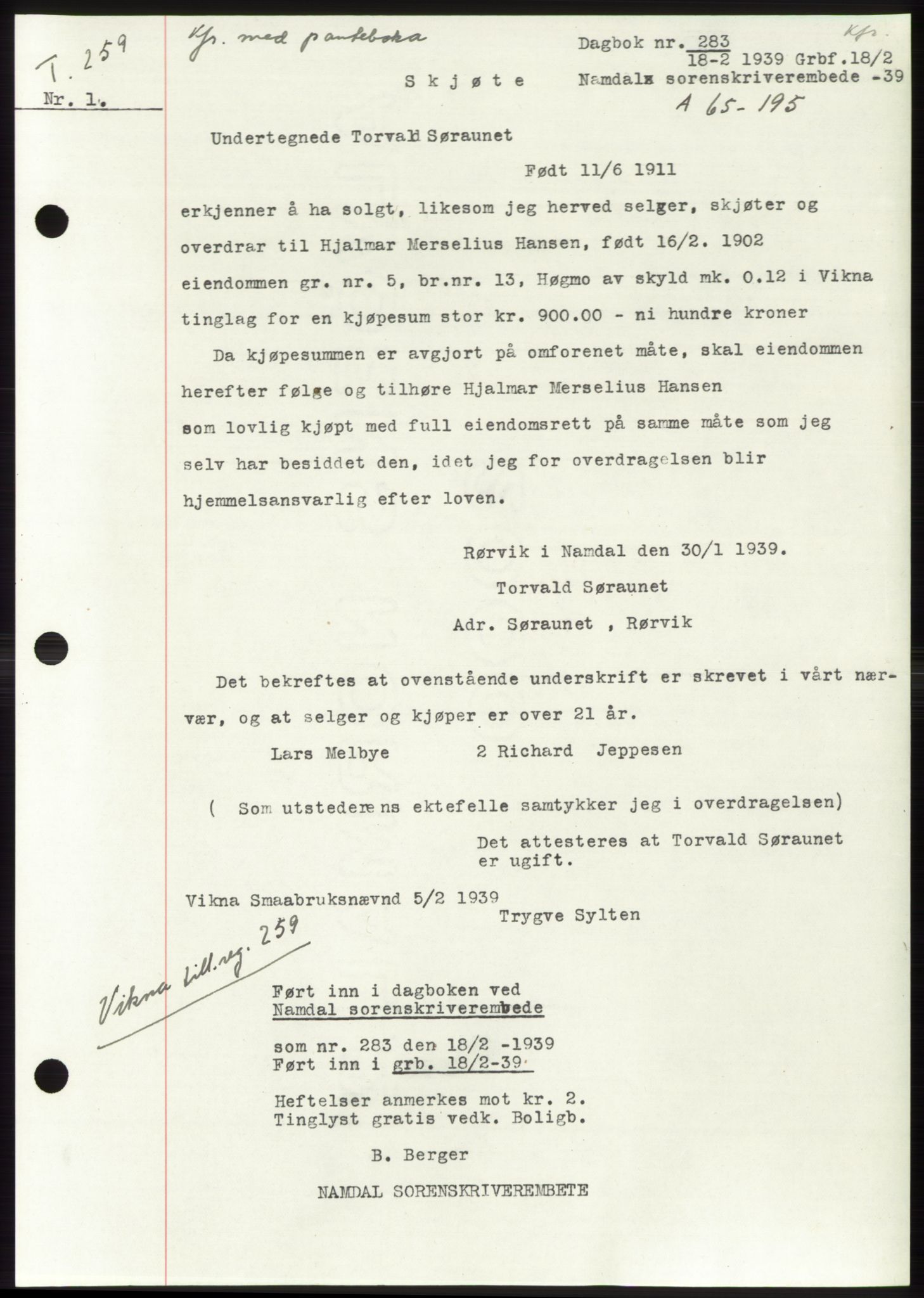 Namdal sorenskriveri, SAT/A-4133/1/2/2C: Pantebok nr. -, 1937-1939, Tingl.dato: 18.02.1939