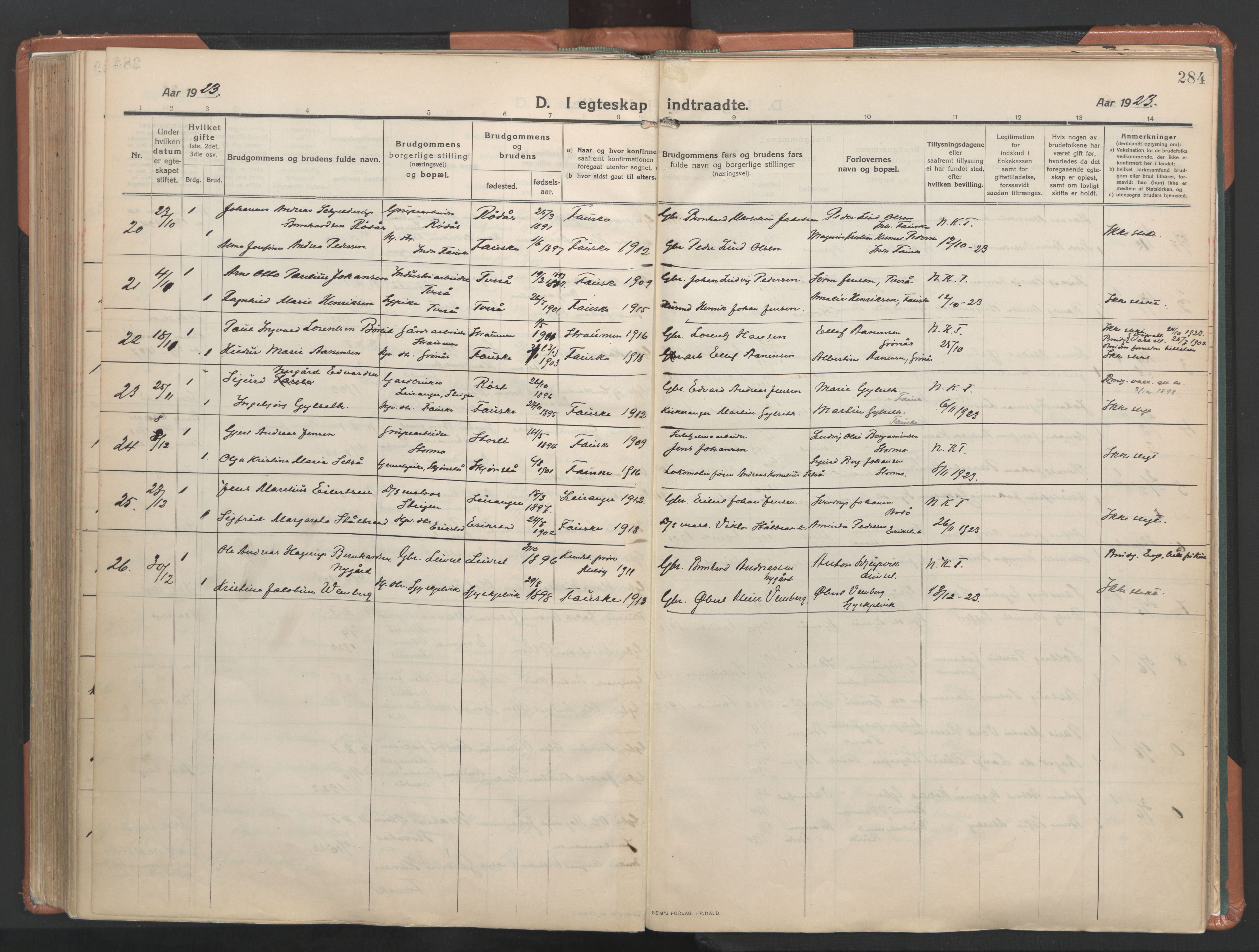 Ministerialprotokoller, klokkerbøker og fødselsregistre - Nordland, AV/SAT-A-1459/849/L0698: Ministerialbok nr. 849A09, 1911-1924, s. 284