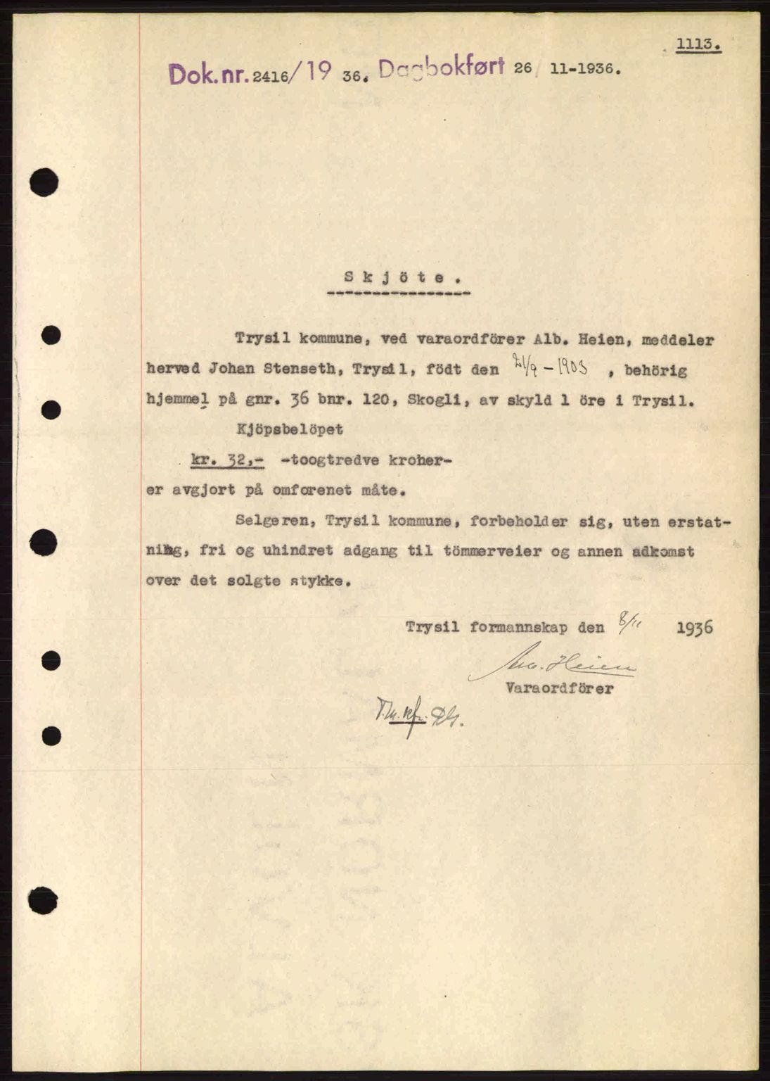 Sør-Østerdal sorenskriveri, SAH/TING-018/H/Hb/Hbb/L0054: Pantebok nr. A54, 1936-1936, Dagboknr: 2416/1936
