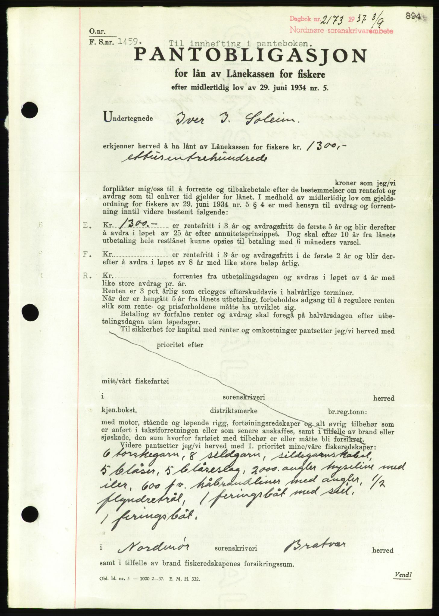 Nordmøre sorenskriveri, AV/SAT-A-4132/1/2/2Ca/L0091: Pantebok nr. B81, 1937-1937, Dagboknr: 2173/1937