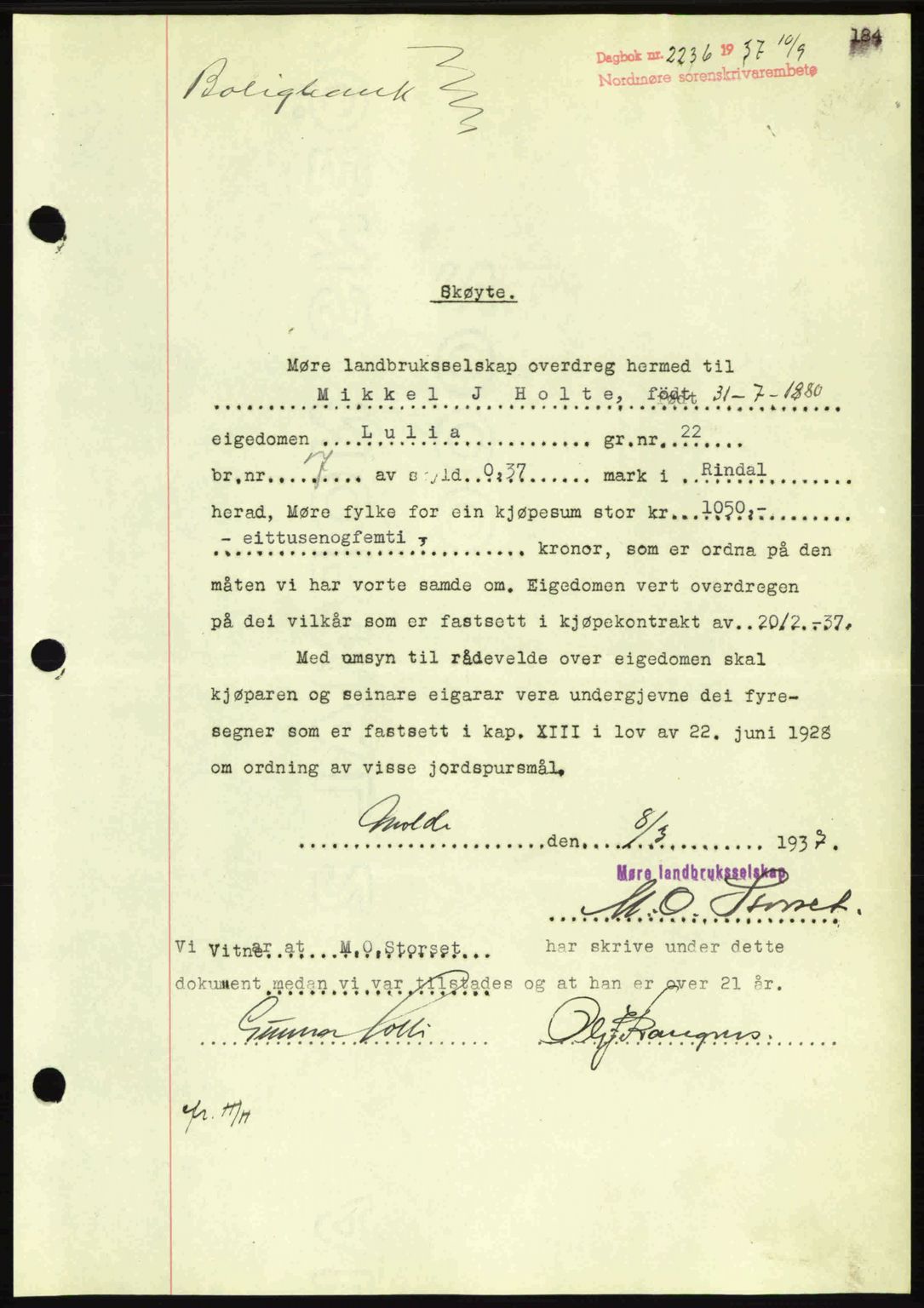 Nordmøre sorenskriveri, SAT/A-4132/1/2/2Ca: Pantebok nr. A82, 1937-1938, Dagboknr: 2236/1937
