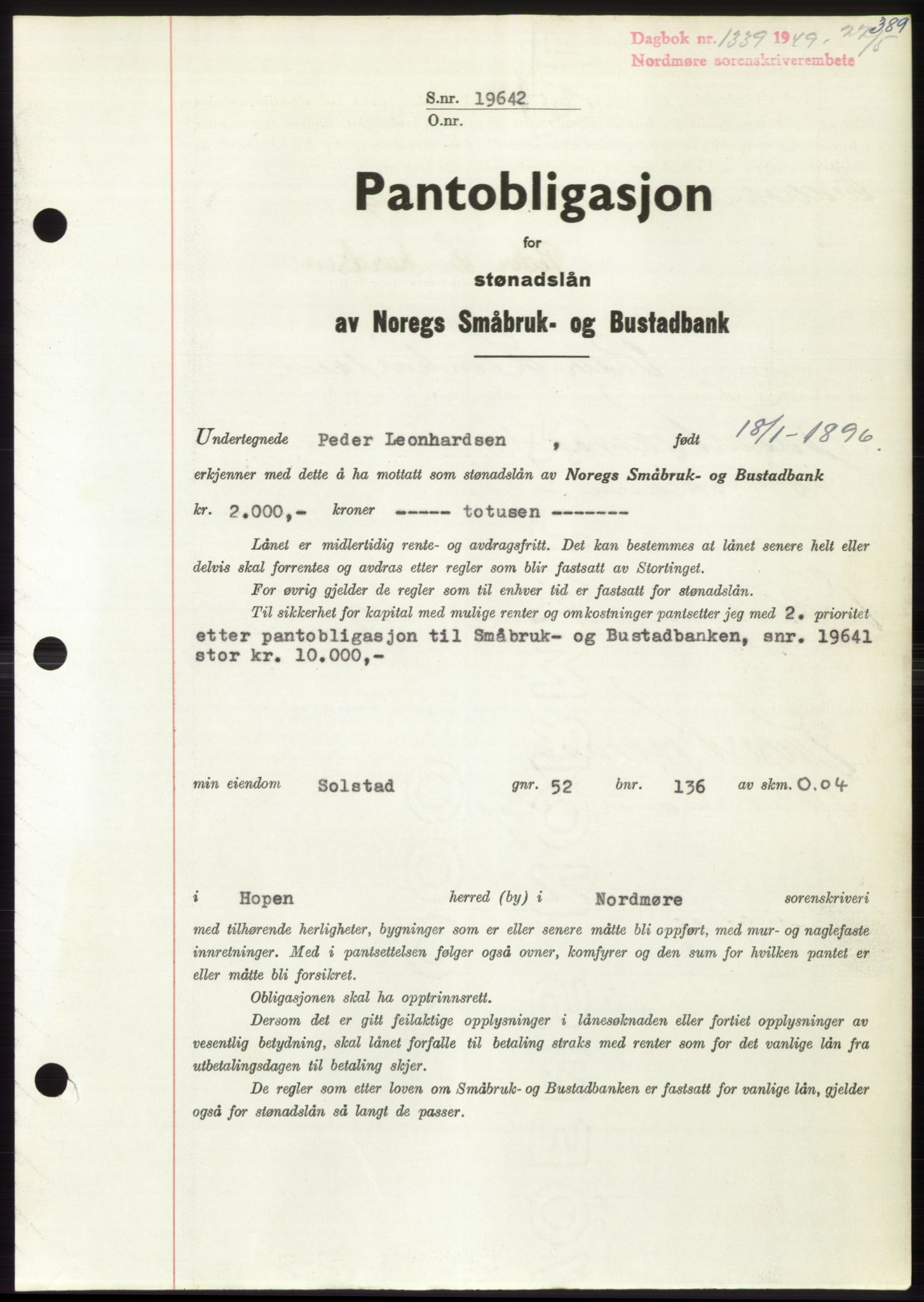 Nordmøre sorenskriveri, SAT/A-4132/1/2/2Ca: Pantebok nr. B101, 1949-1949, Dagboknr: 1339/1949