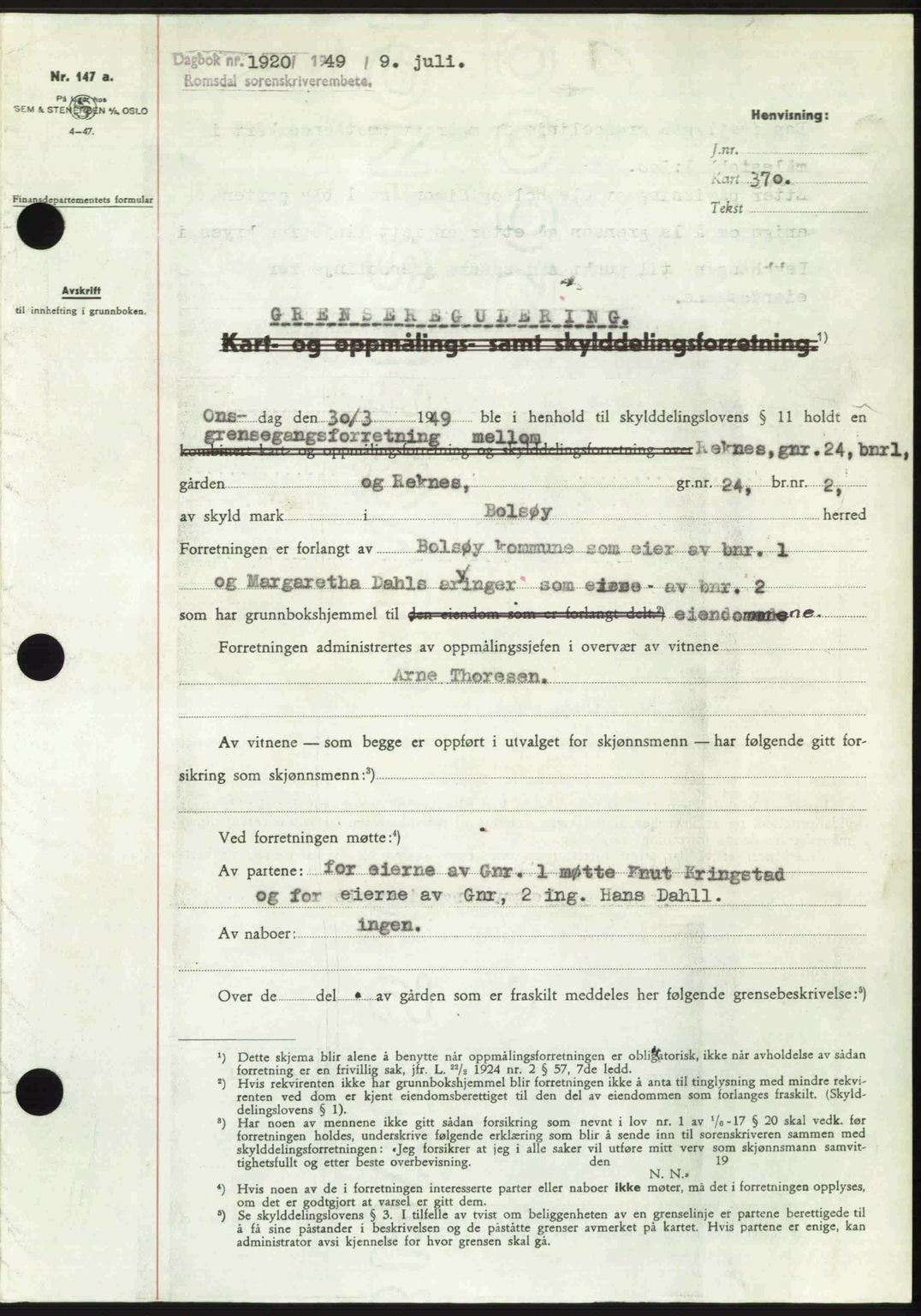 Romsdal sorenskriveri, SAT/A-4149/1/2/2C: Pantebok nr. A30, 1949-1949, Dagboknr: 1920/1949