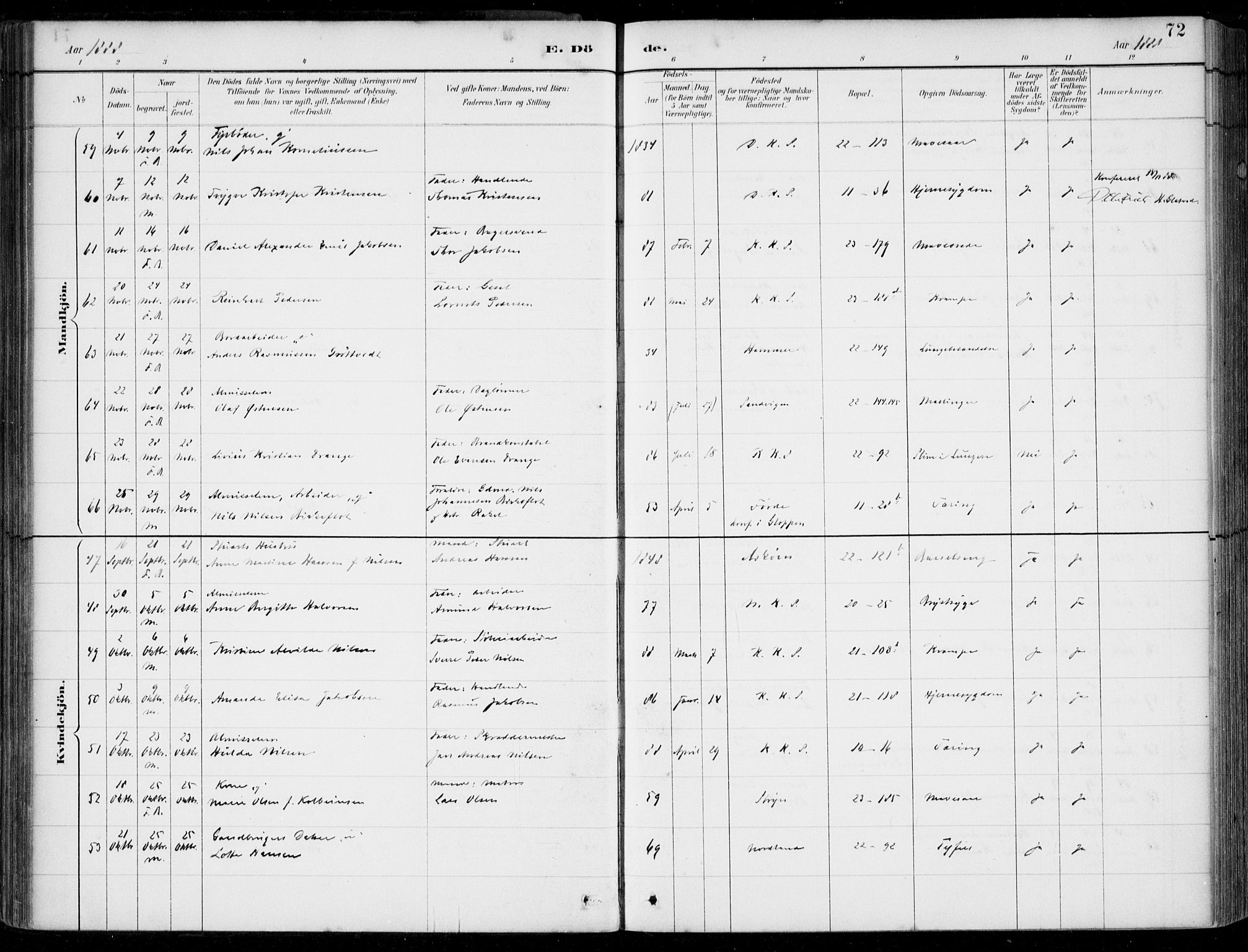 Korskirken sokneprestembete, SAB/A-76101/H/Hab: Klokkerbok nr. E 4, 1884-1910, s. 72