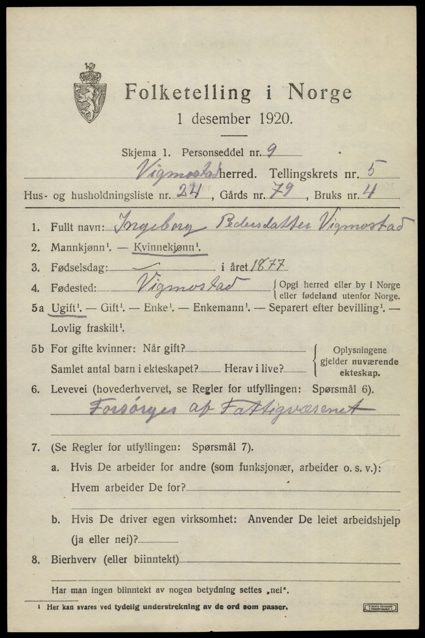 SAK, Folketelling 1920 for 1028 Vigmostad herred, 1920, s. 1915