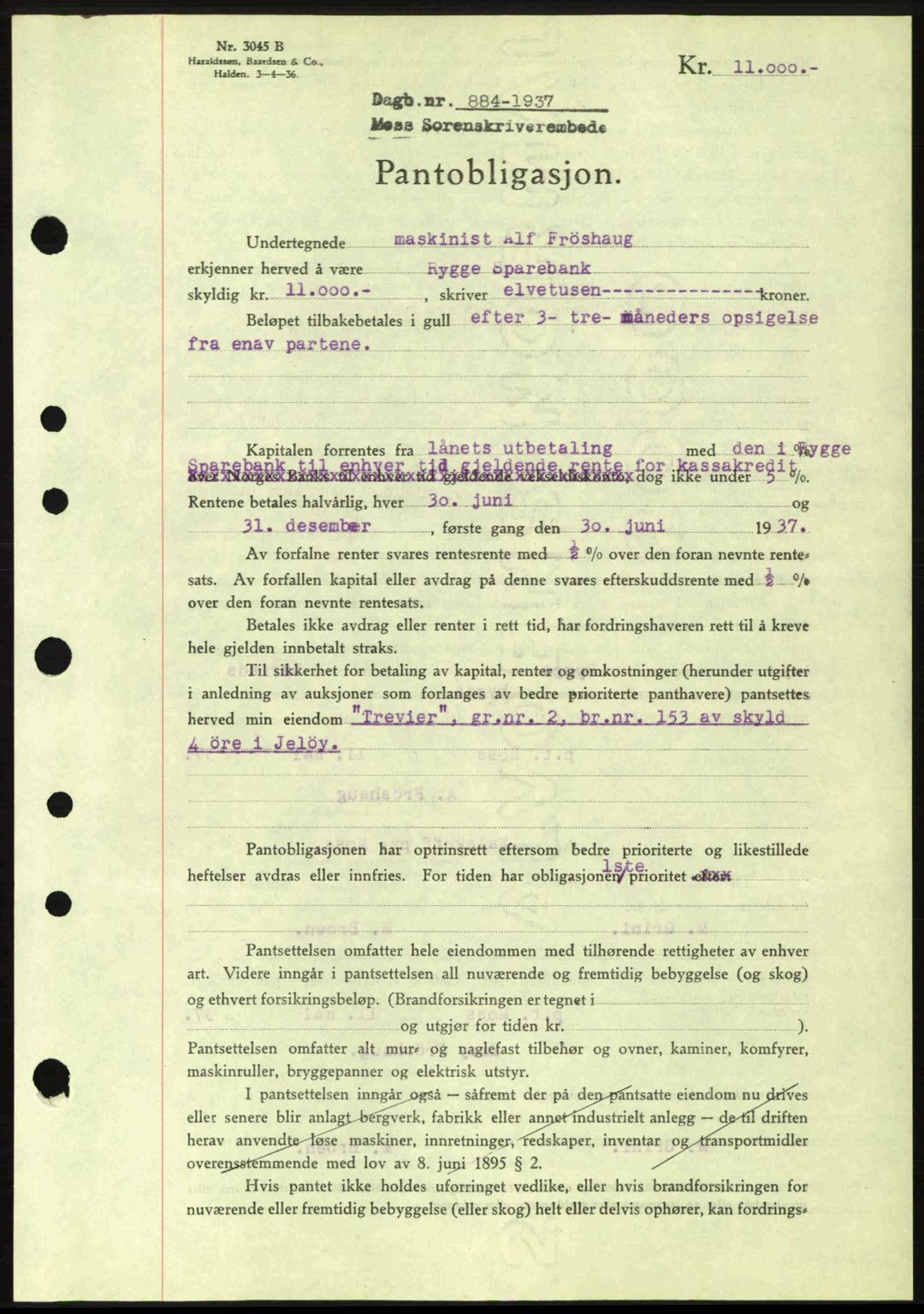 Moss sorenskriveri, SAO/A-10168: Pantebok nr. B3, 1937-1937, Dagboknr: 884/1937
