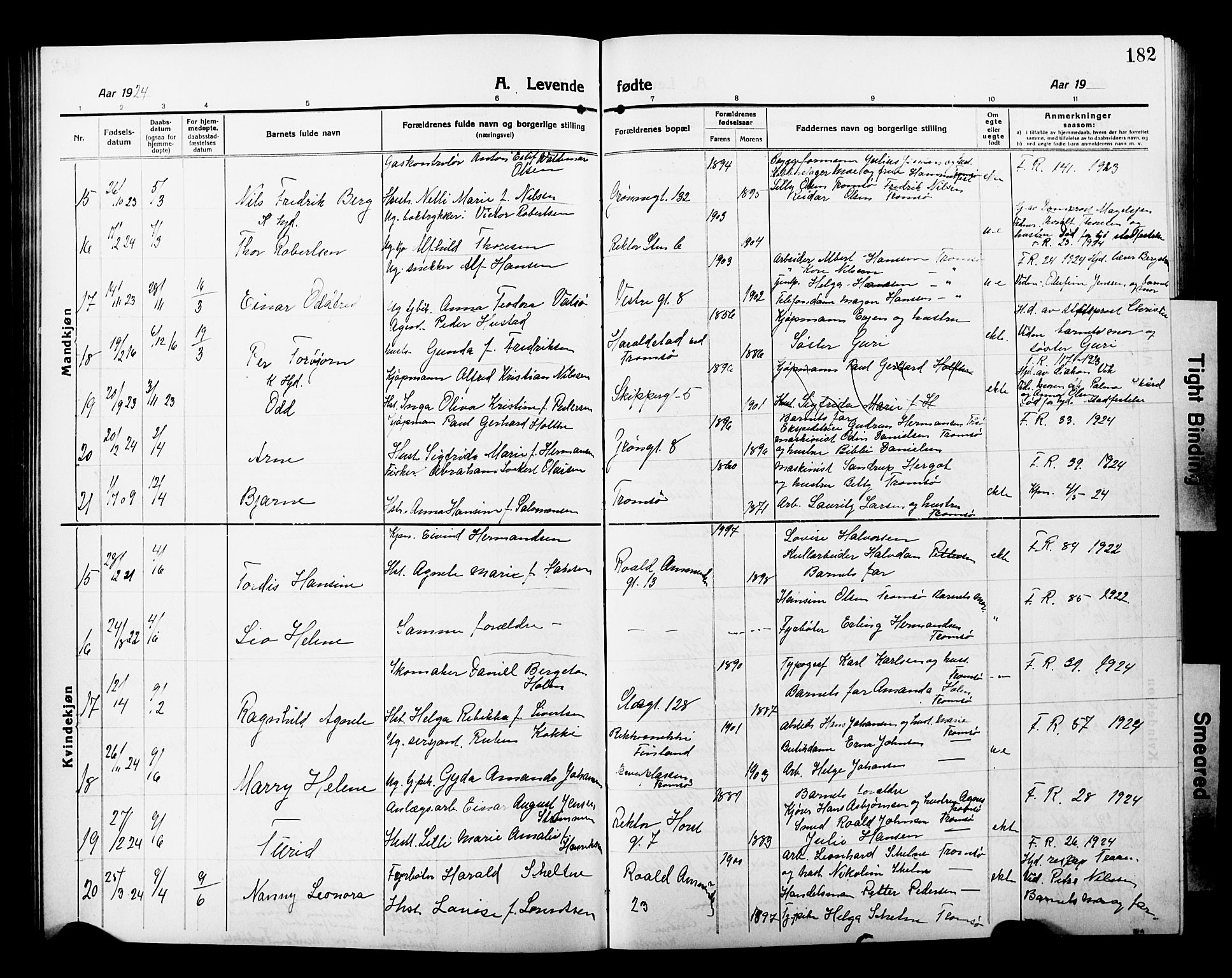 Tromsø sokneprestkontor/stiftsprosti/domprosti, AV/SATØ-S-1343/G/Gb/L0009klokker: Klokkerbok nr. 9, 1915-1925, s. 182
