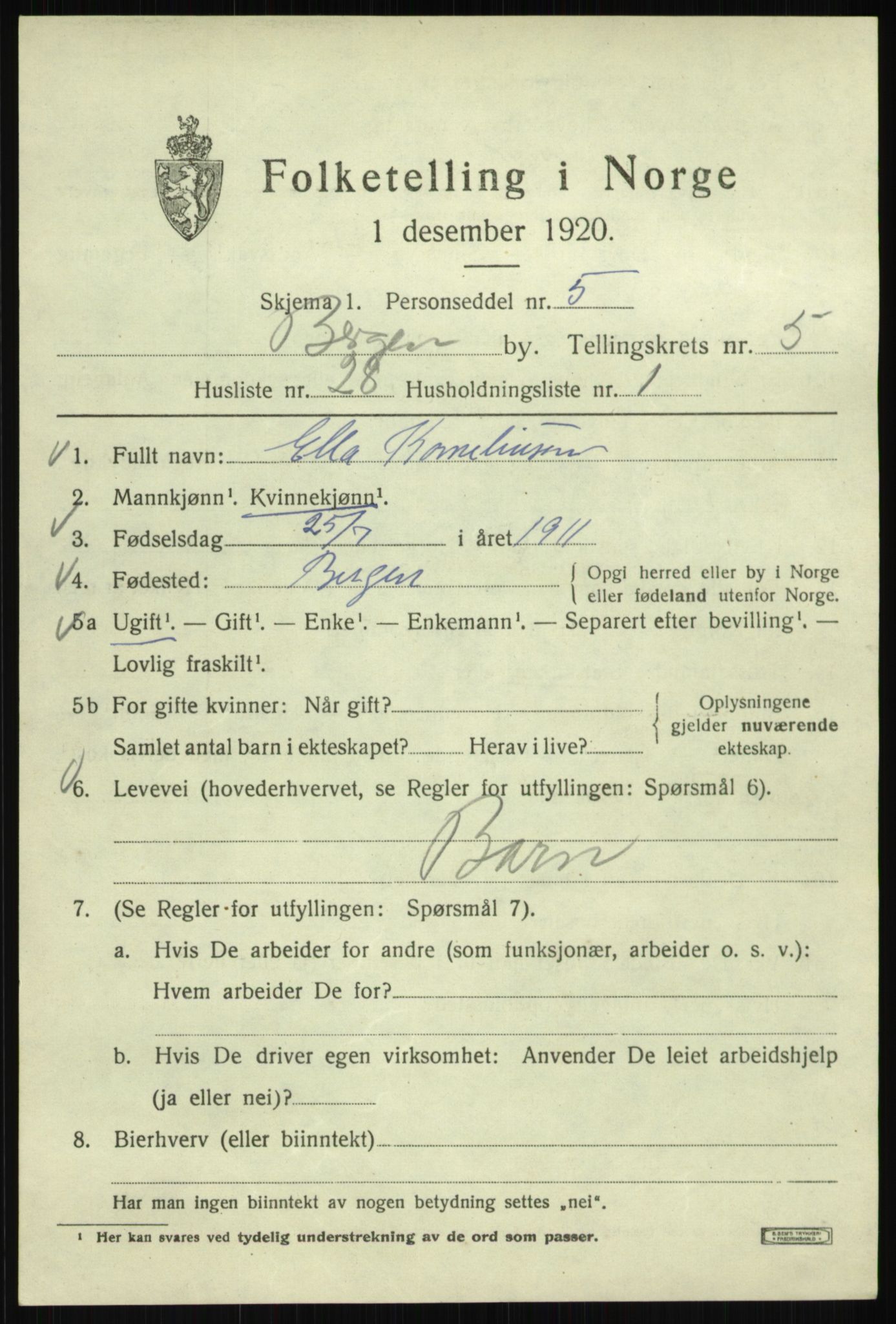 SAB, Folketelling 1920 for 1301 Bergen kjøpstad, 1920, s. 65595